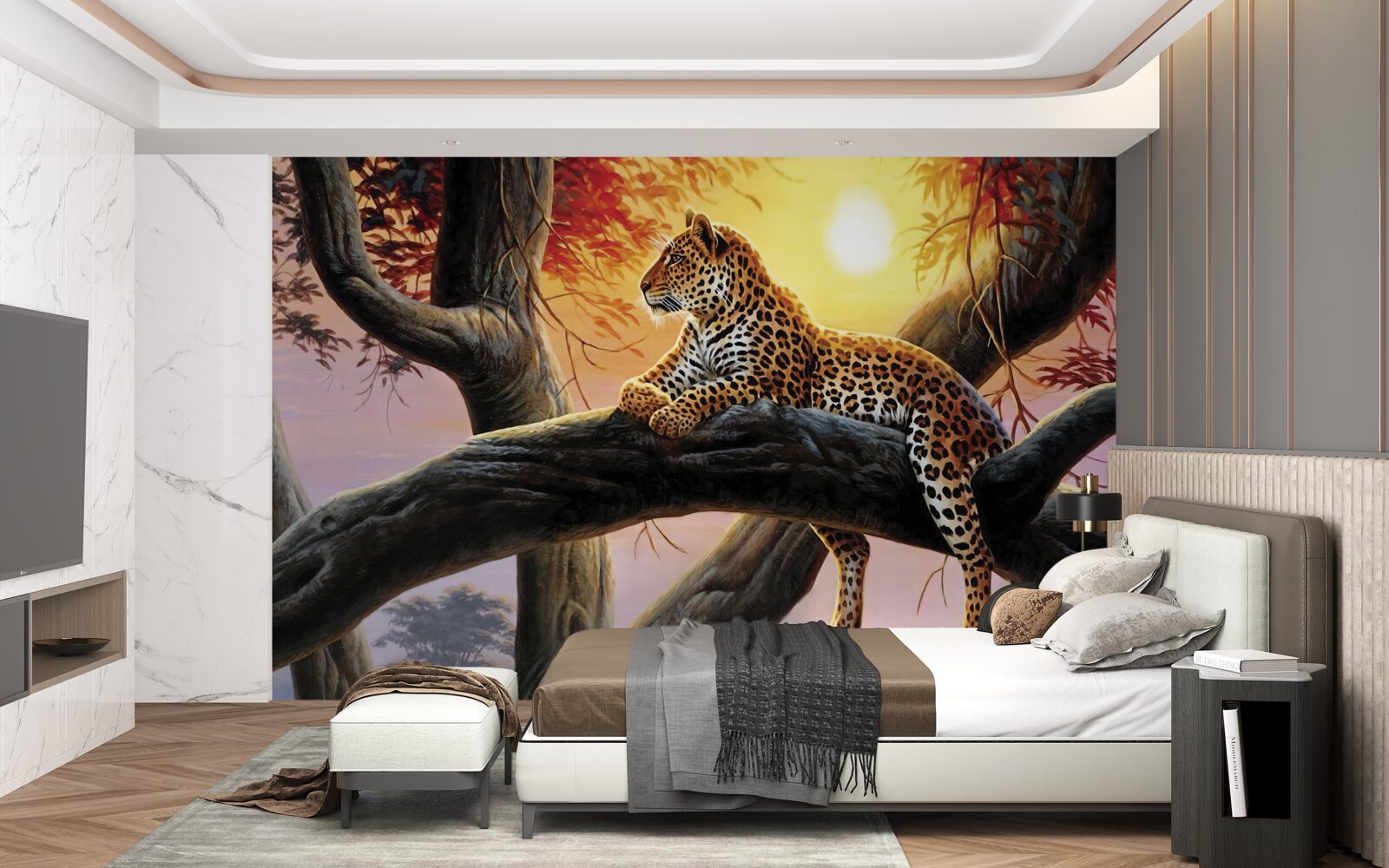 Fototapet leopardul stătea într-un copac și se bucura de odihnă