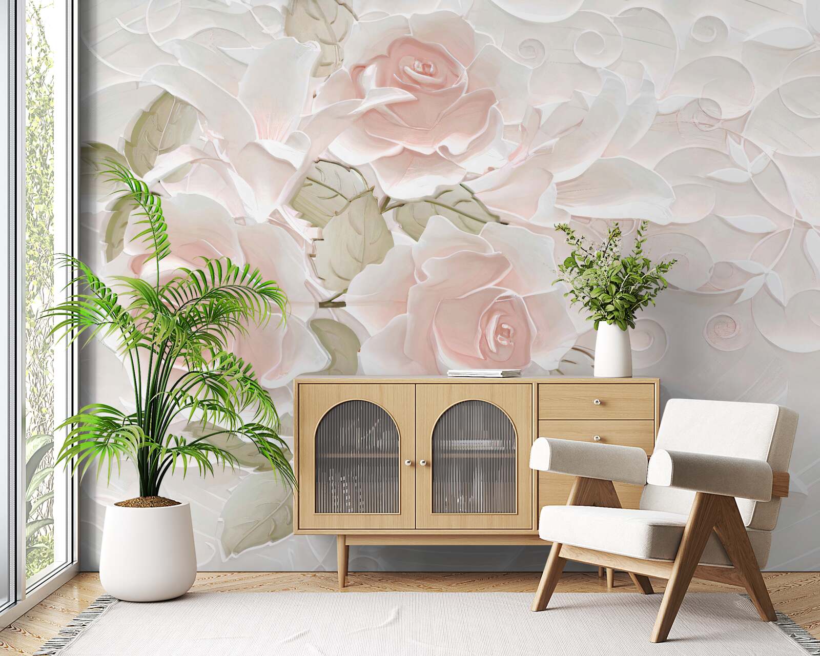 Fototapet trandafiri palizi pe un perete palid