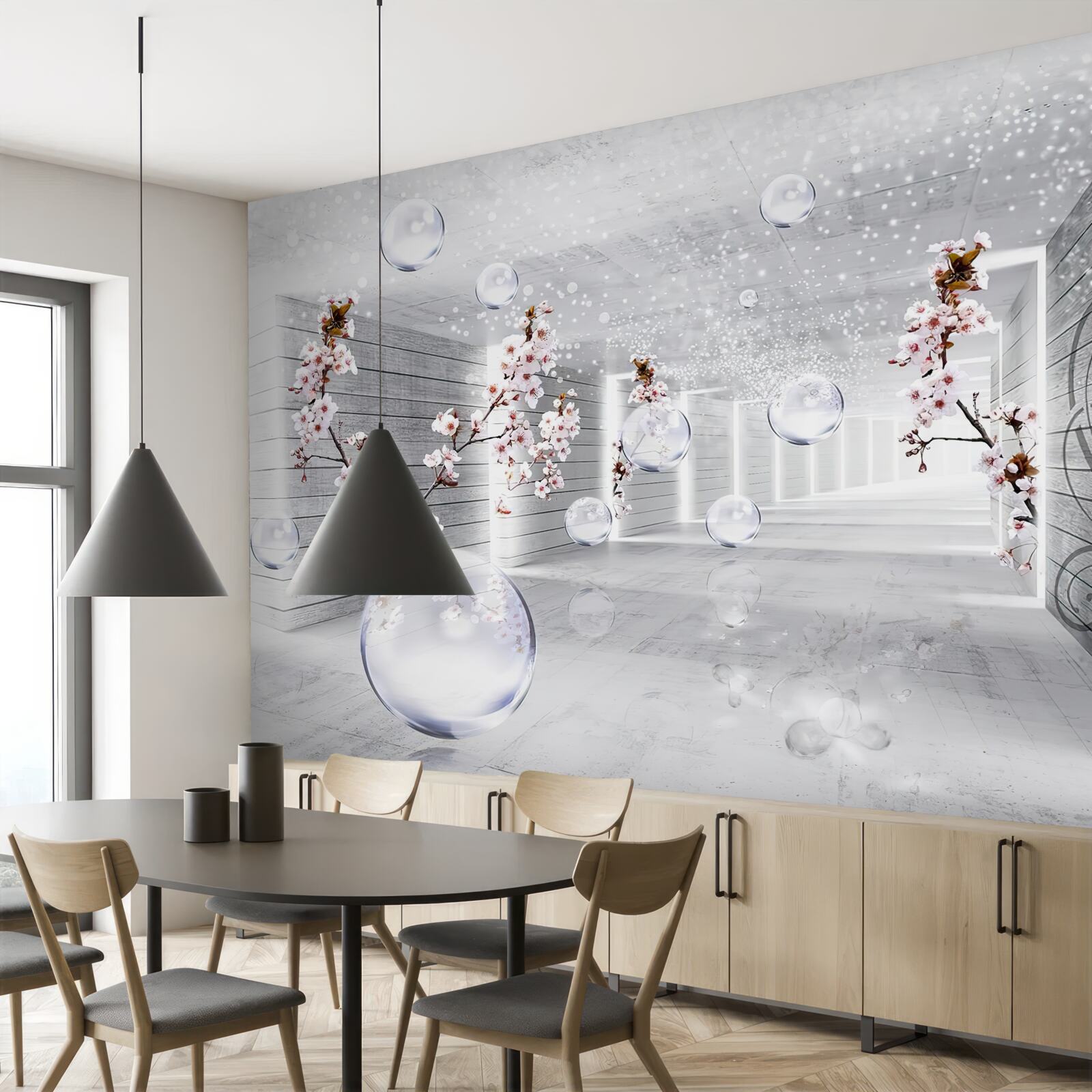 Fototapet cercuri și ramuri cu flori prin care se poate vedea