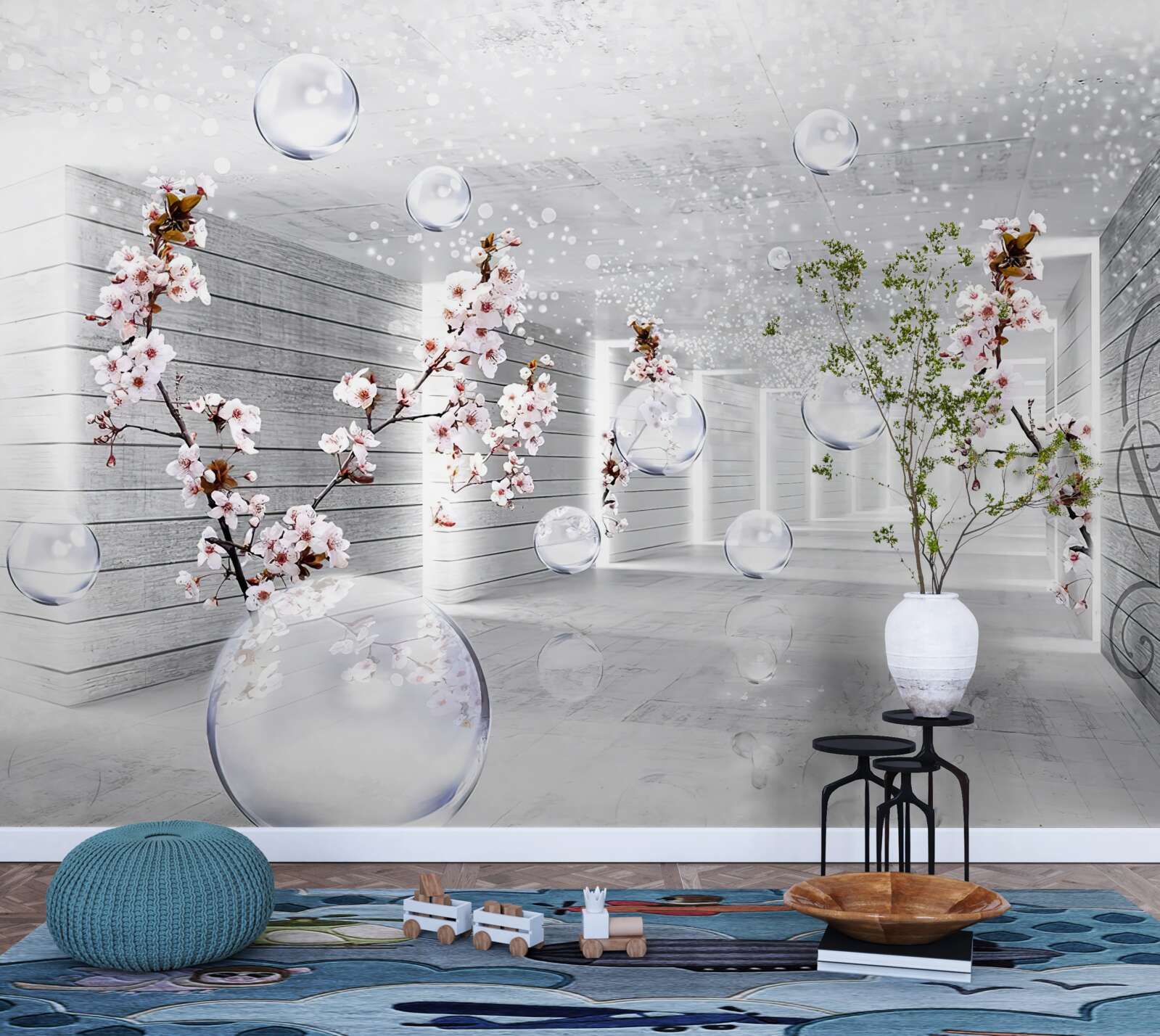 Fototapet cercuri și ramuri cu flori prin care se poate vedea