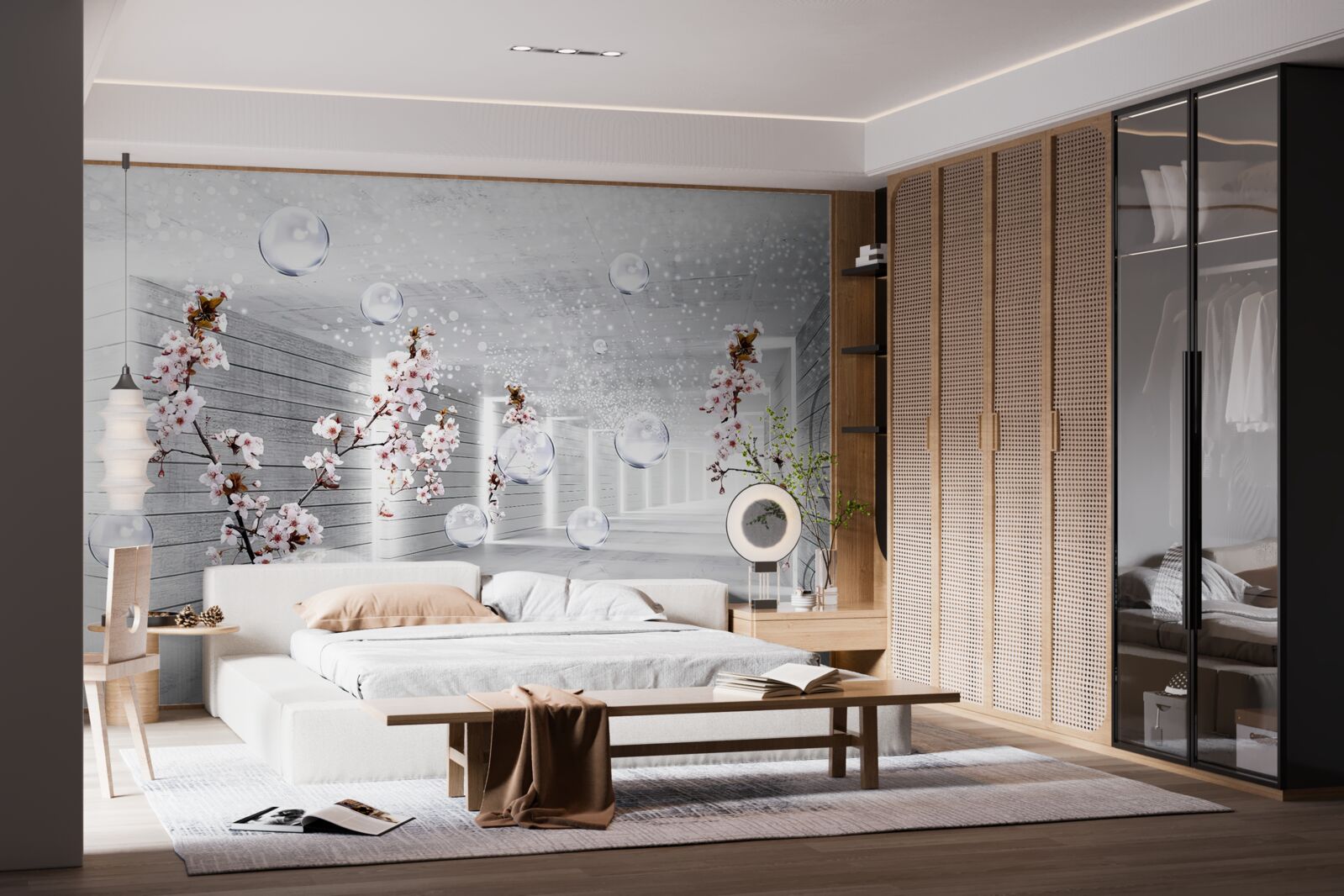 Fototapet cercuri și ramuri cu flori prin care se poate vedea