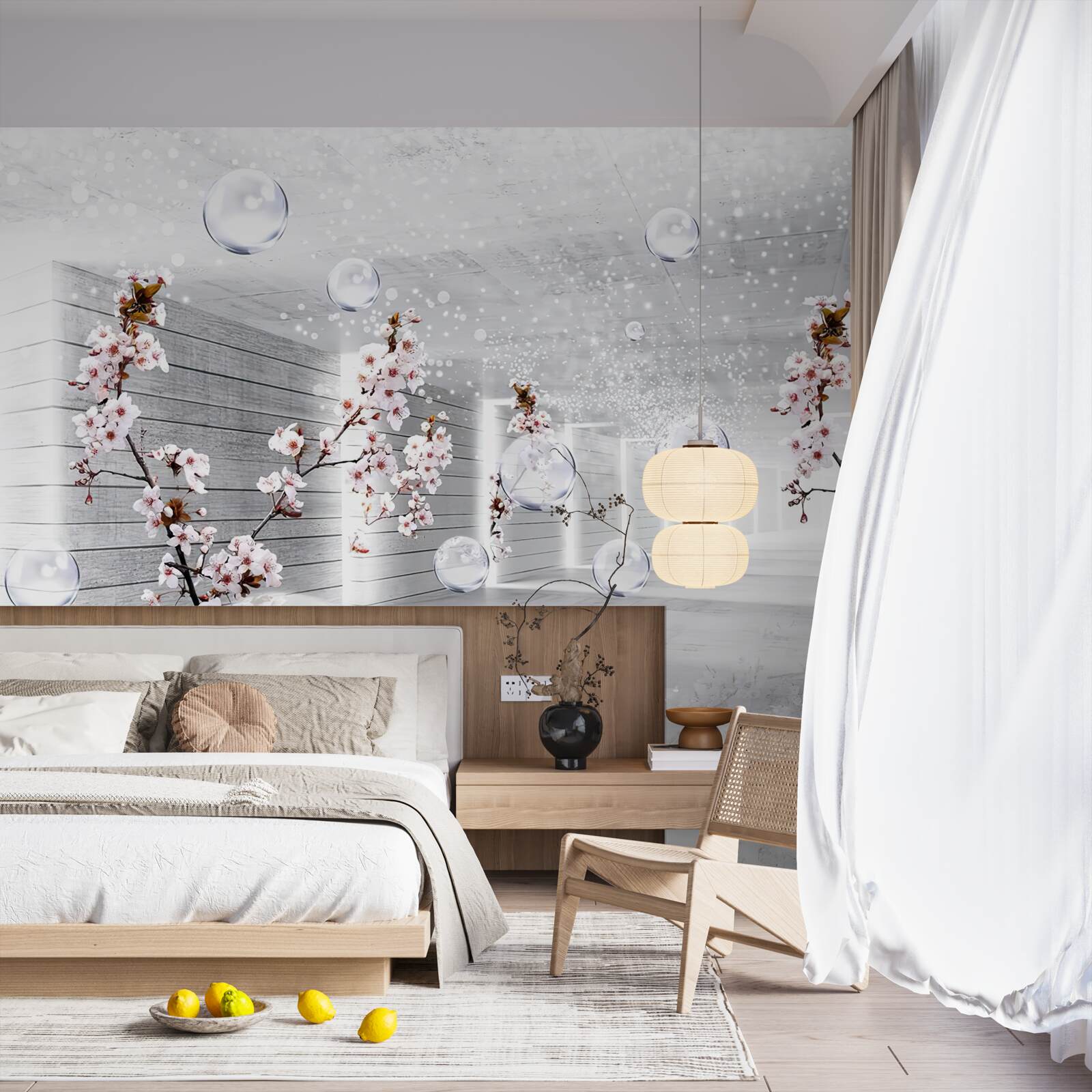 Fototapet cercuri și ramuri cu flori prin care se poate vedea