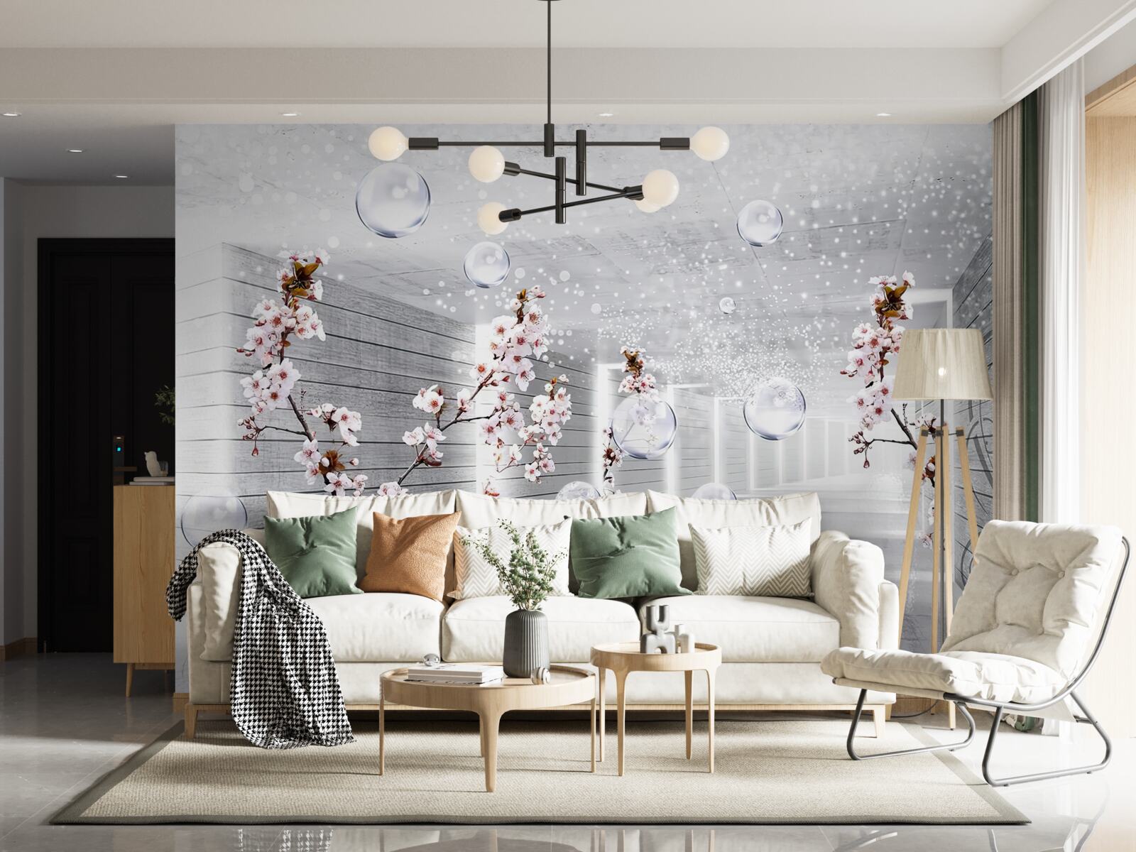 Fototapet cercuri și ramuri cu flori prin care se poate vedea