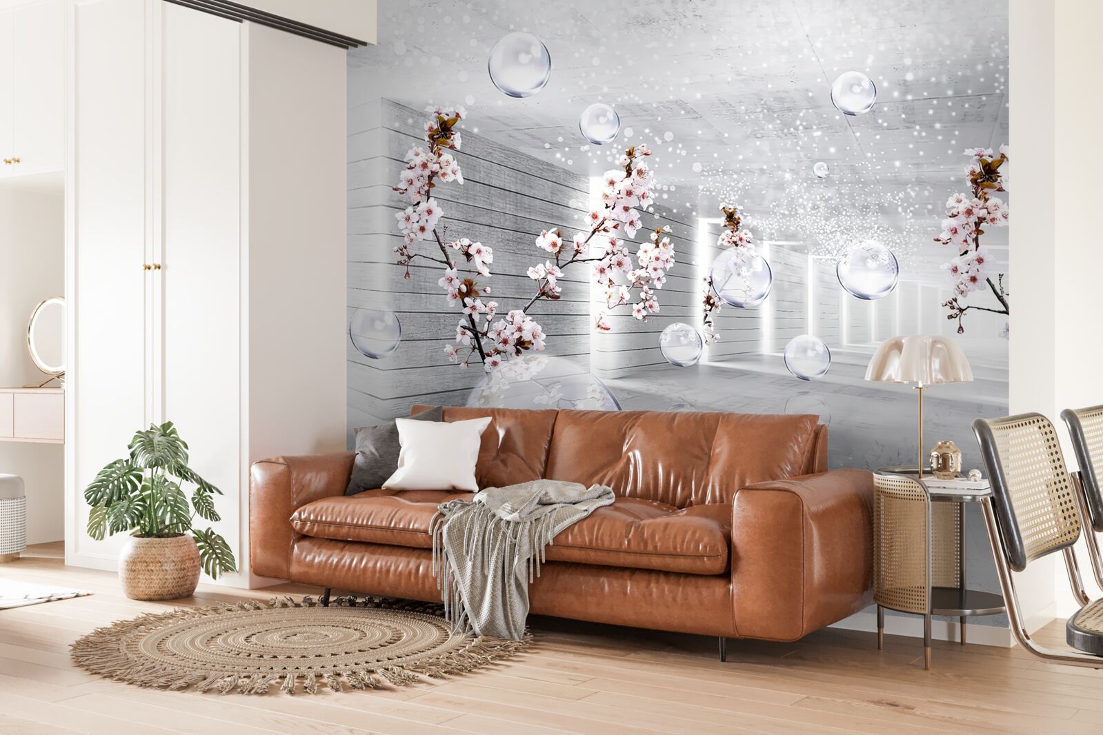 Fototapet cercuri și ramuri cu flori prin care se poate vedea