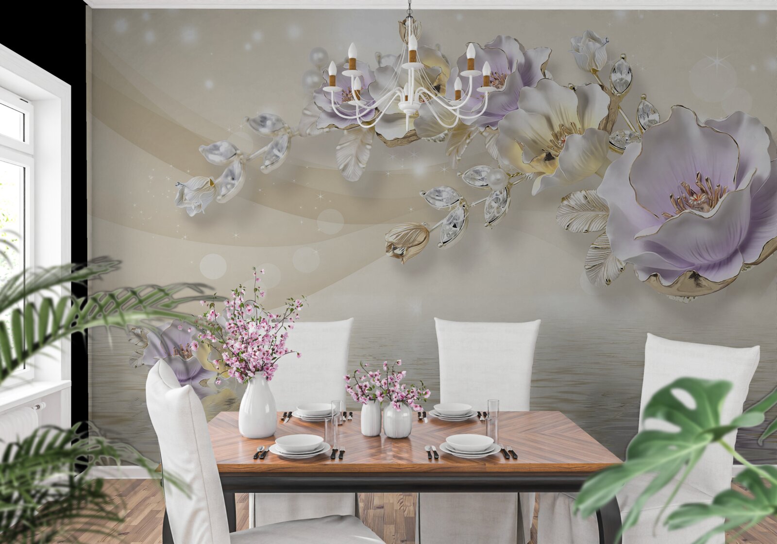 Fototapet flori violet și crem