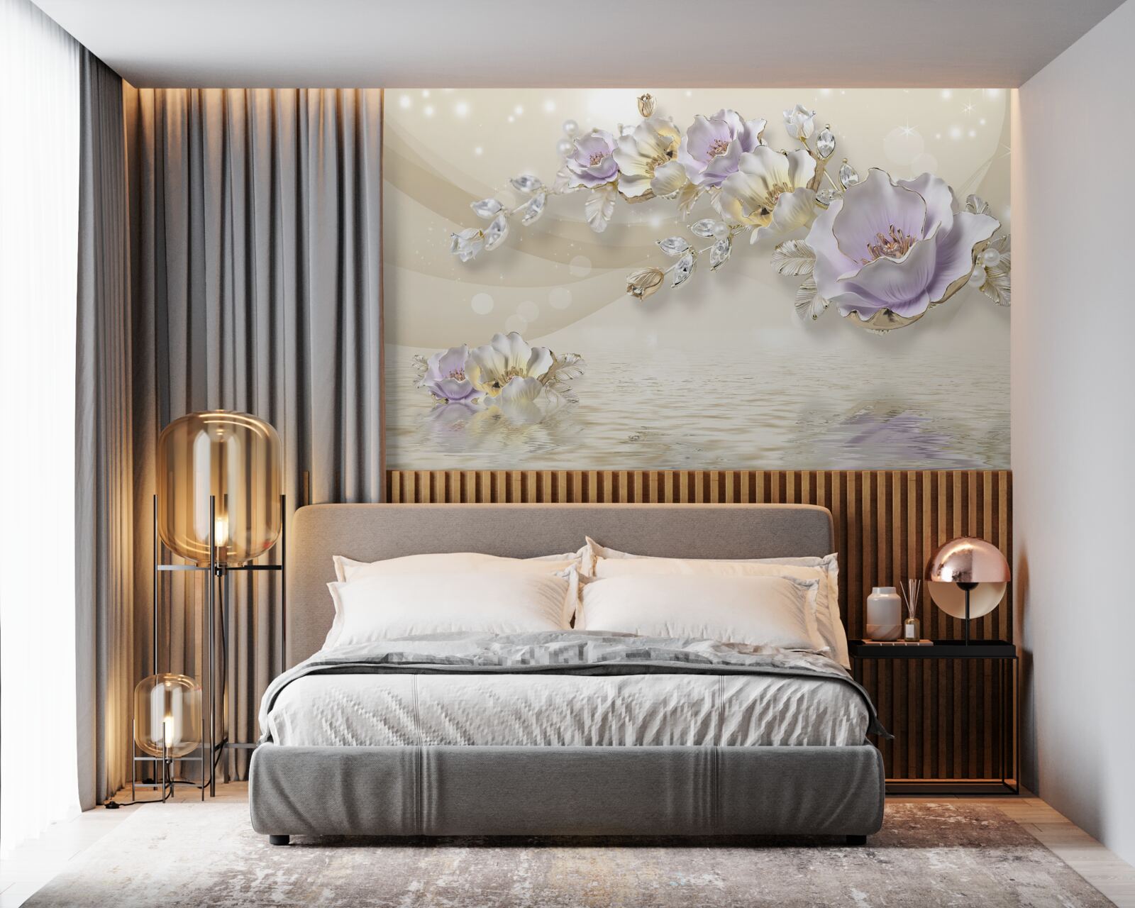 Fototapet flori violet și crem