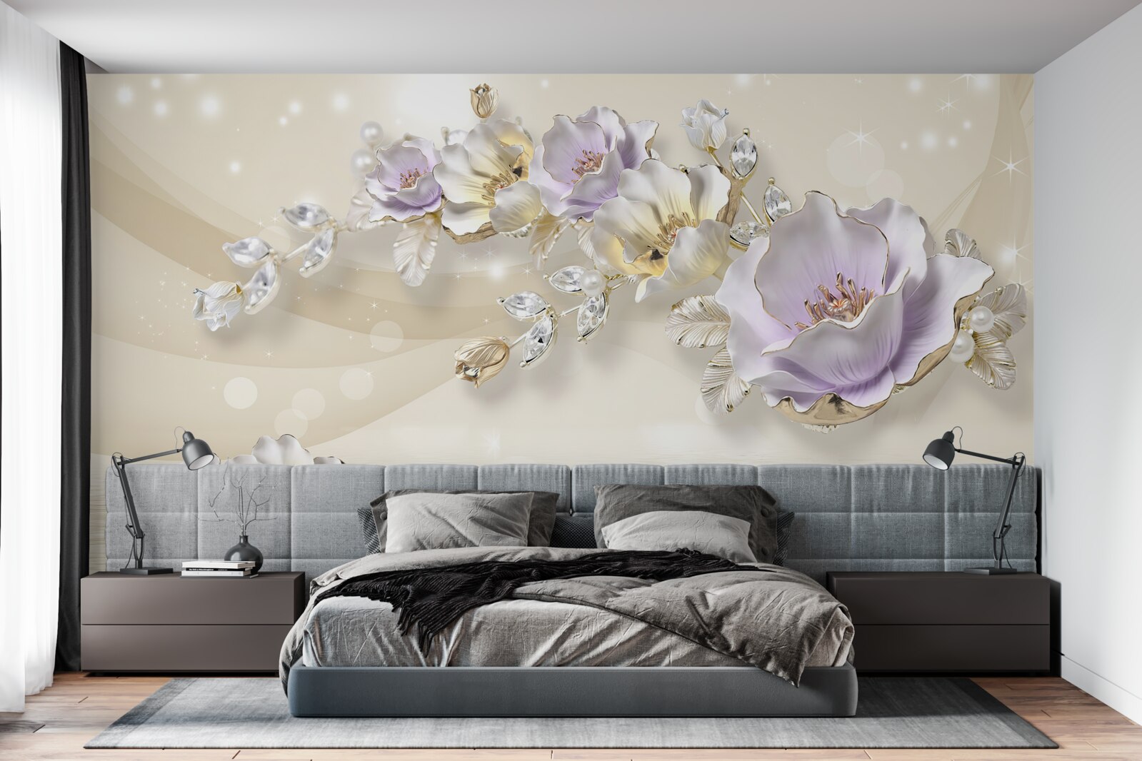 Fototapet flori violet și crem