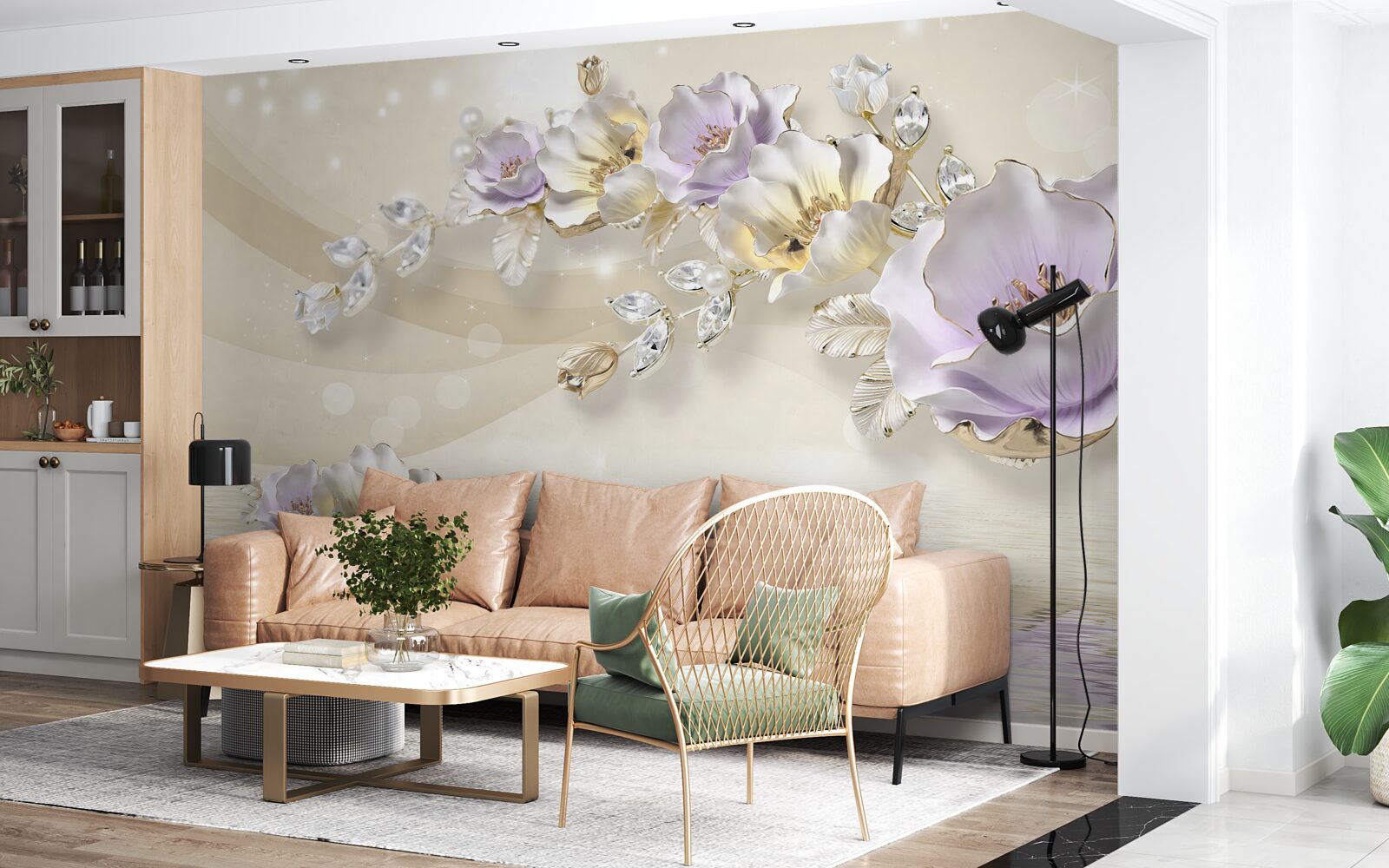 Fototapet flori violet și crem