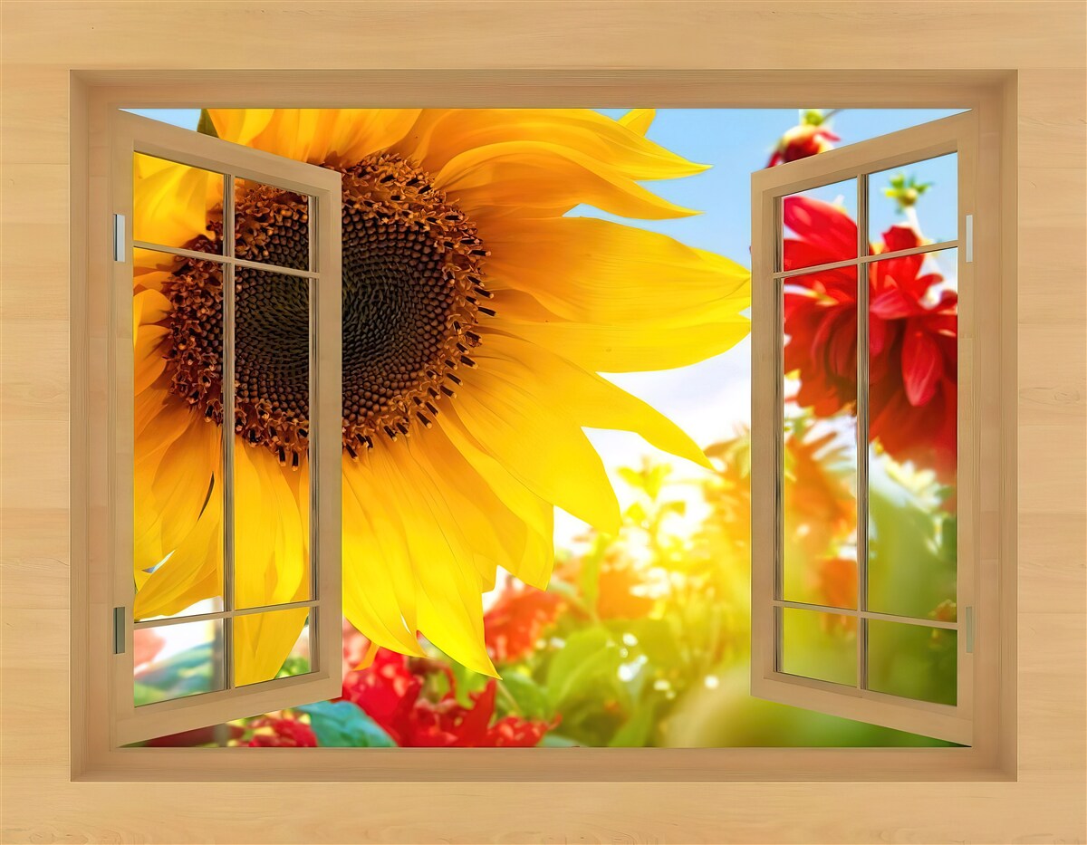 Fototapet flori mari se uită pe fereastră