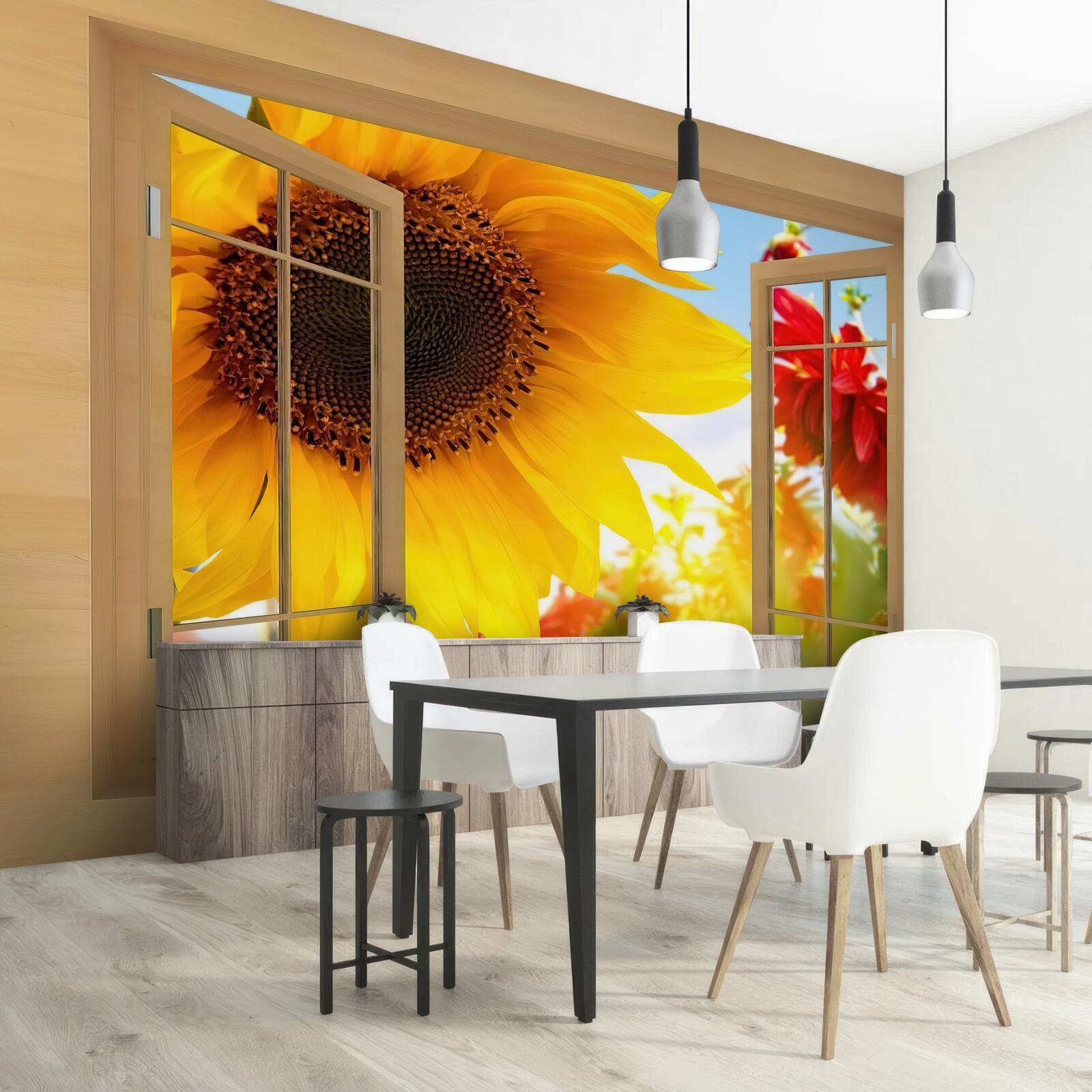 Fototapet flori mari se uită pe fereastră