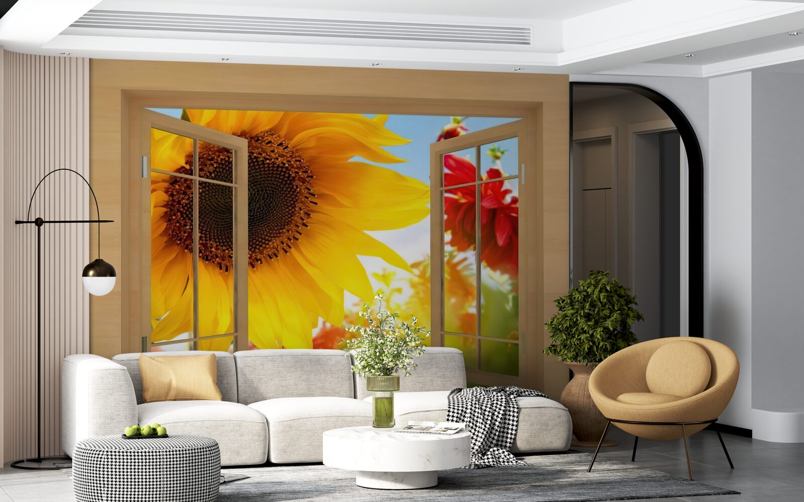 Fototapet flori mari se uită pe fereastră