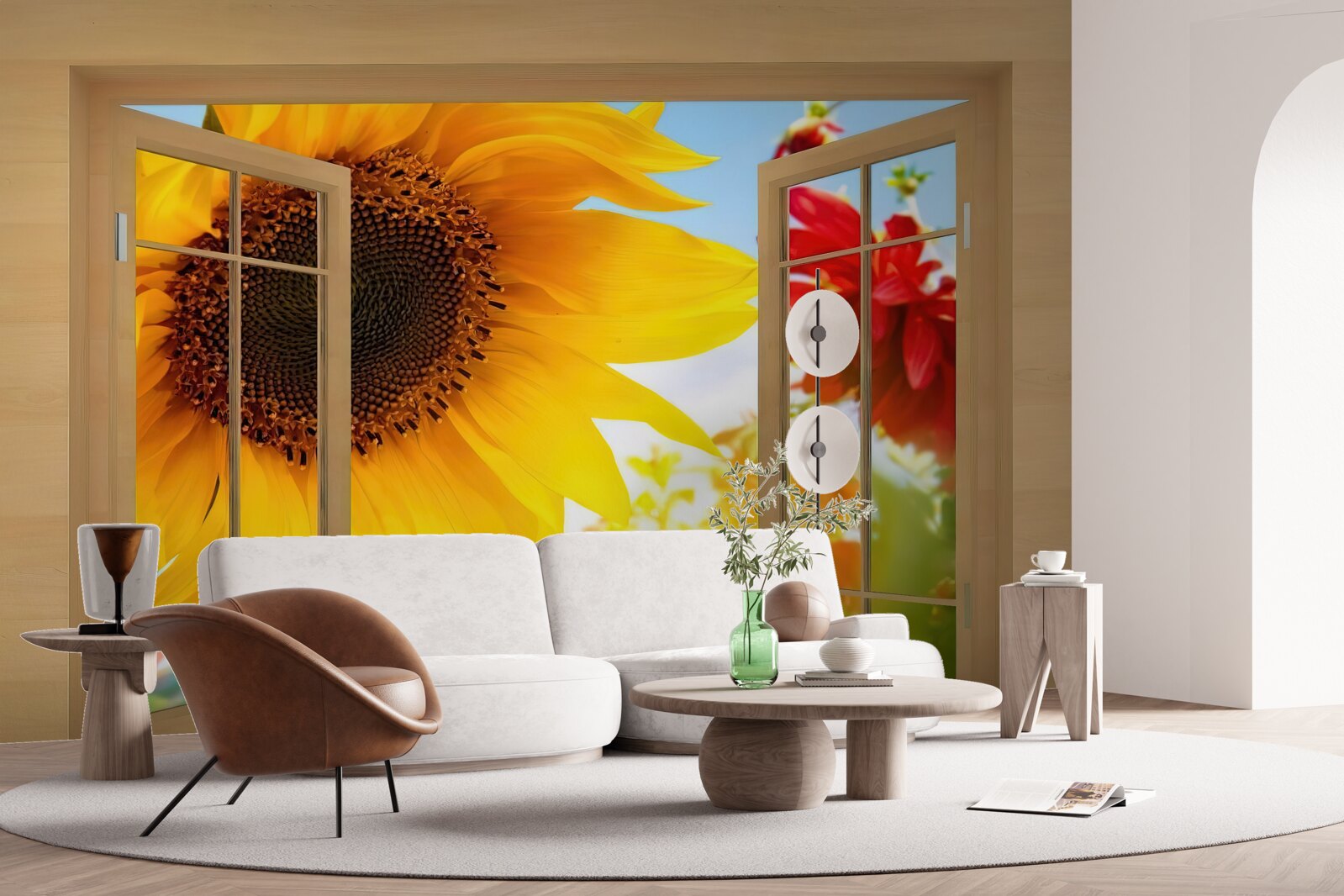 Fototapet flori mari se uită pe fereastră