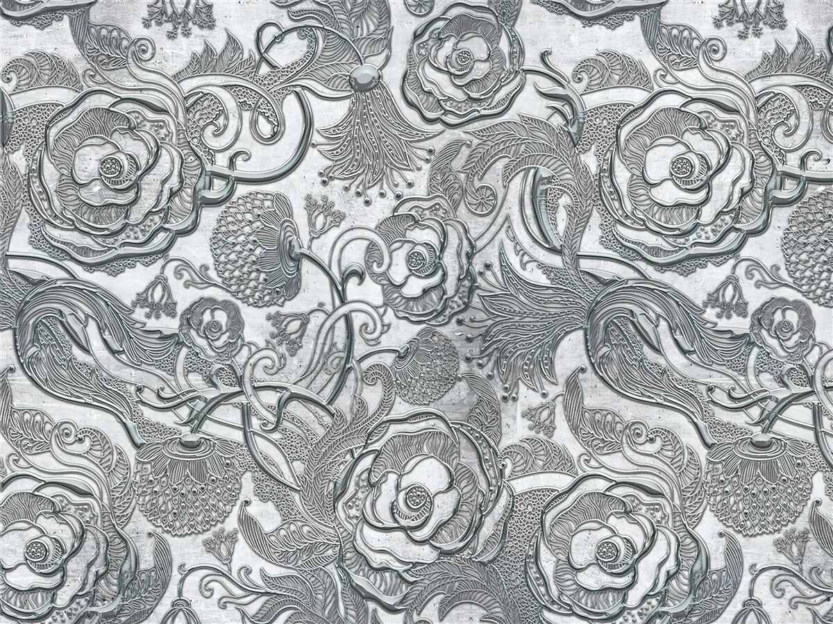 Fototapet flori cu contur gri-argintiu