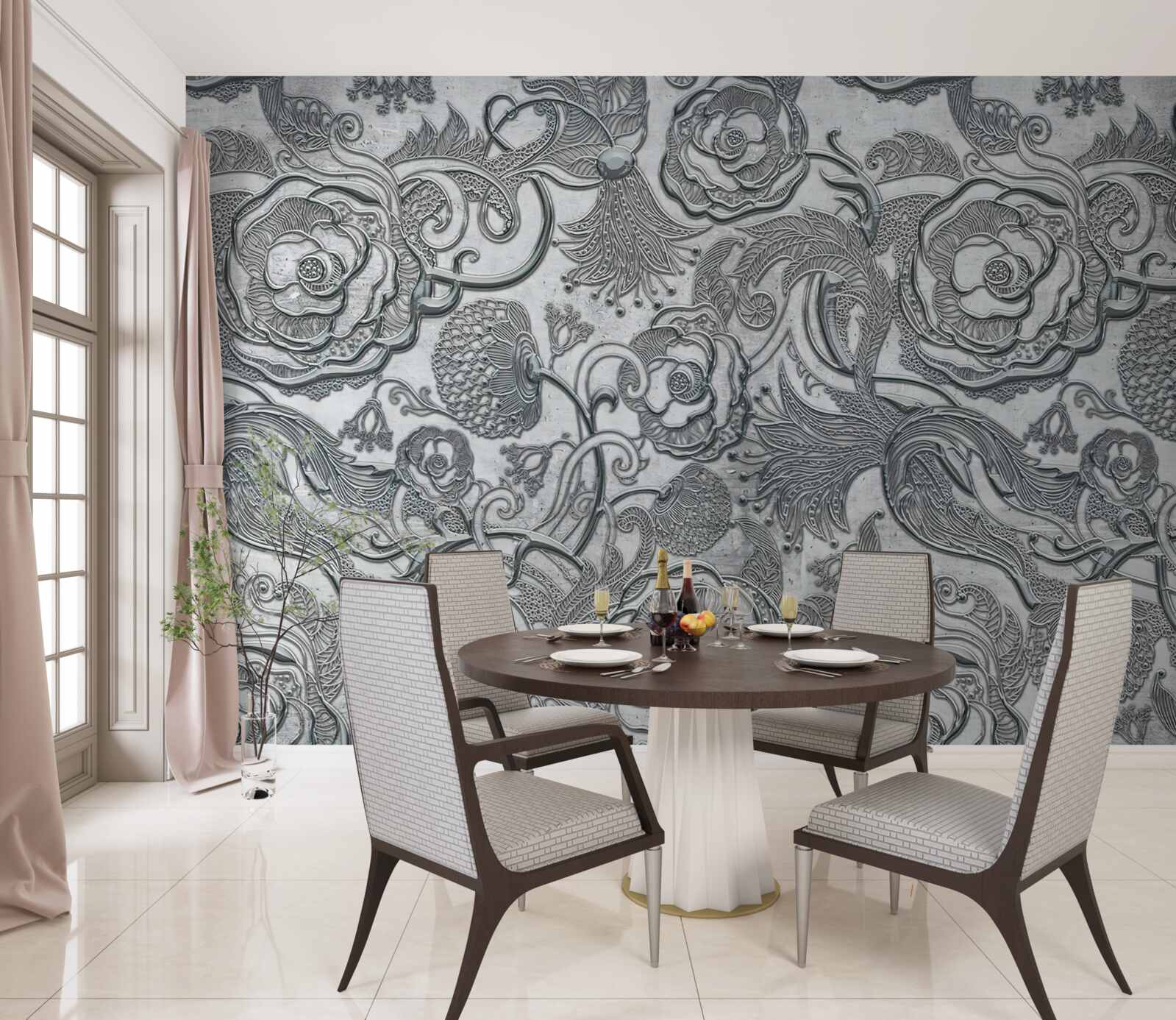 Fototapet flori cu contur gri-argintiu