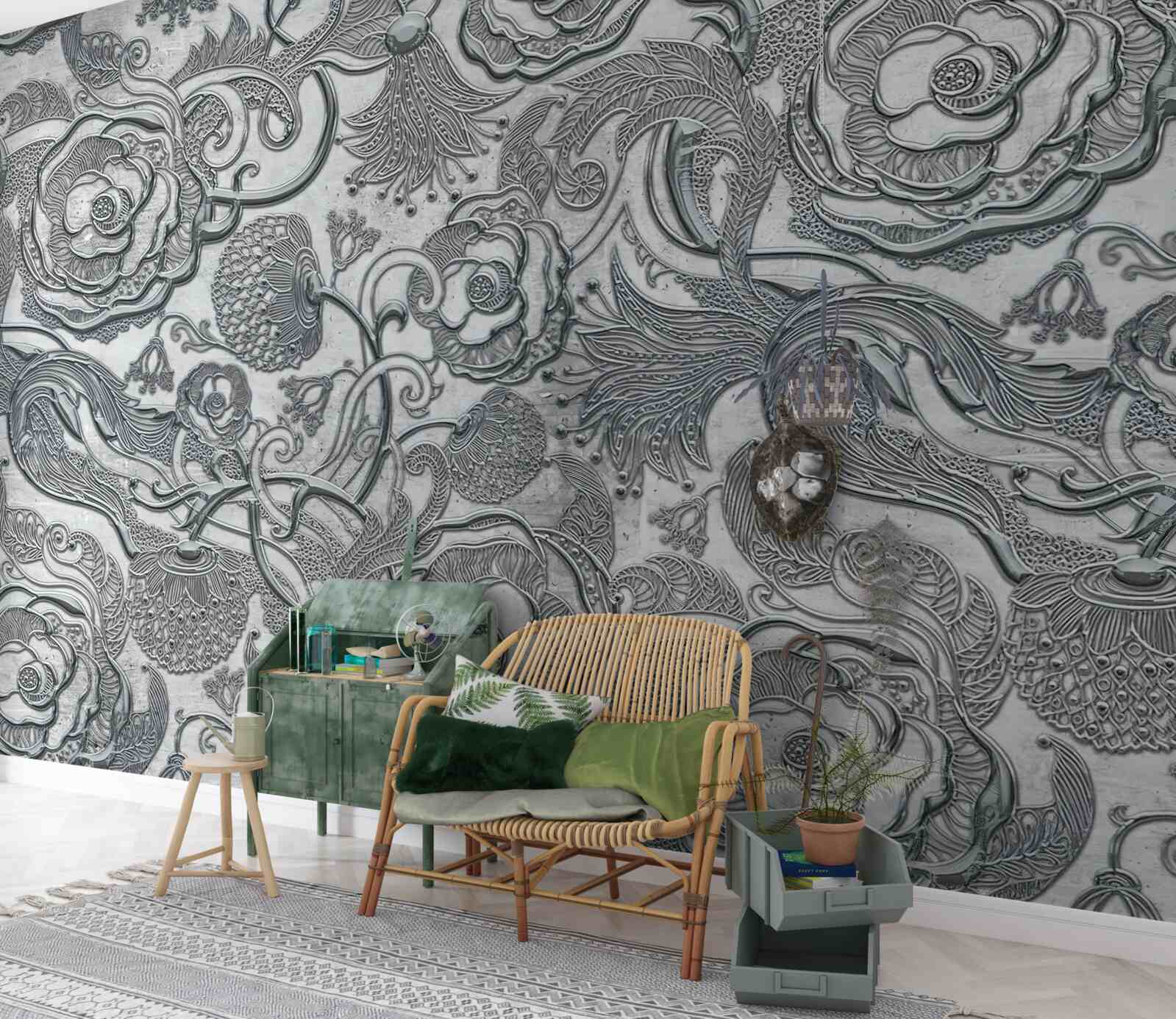 Fototapet flori cu contur gri-argintiu