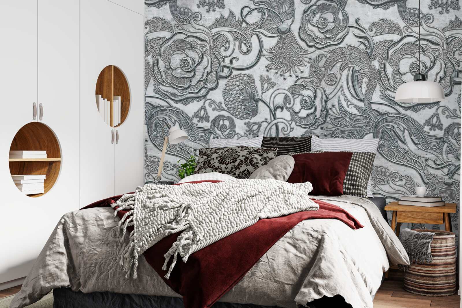 Fototapet flori cu contur gri-argintiu