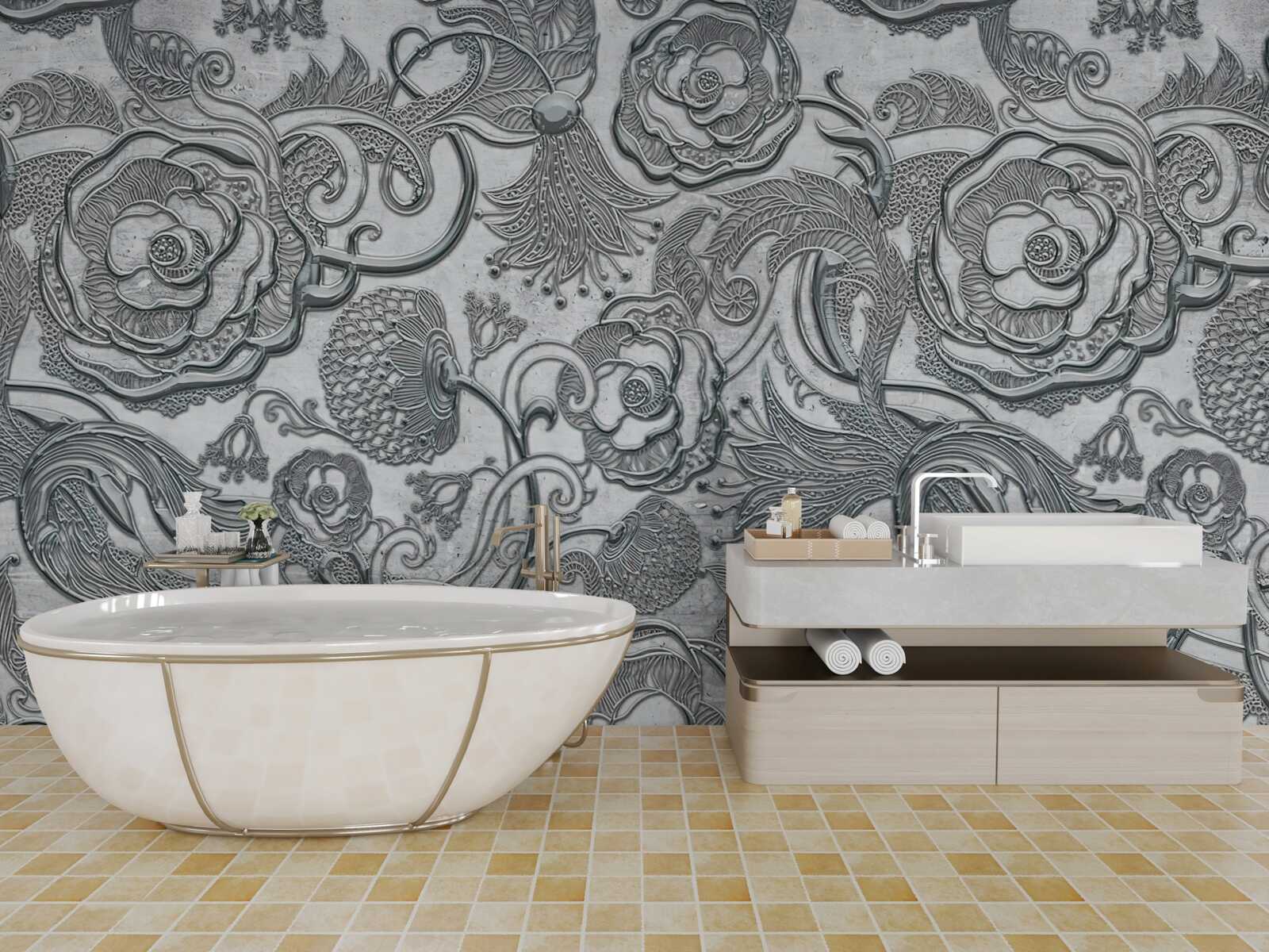 Fototapet flori cu contur gri-argintiu