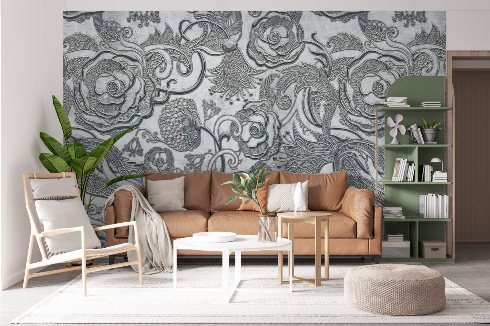 Fototapet flori cu contur gri-argintiu