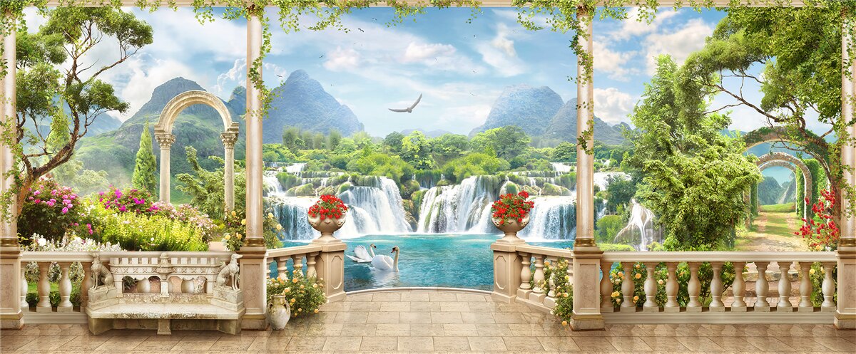 Fototapet panorama balconului arată o cascadă și lebede grațioase care înoată