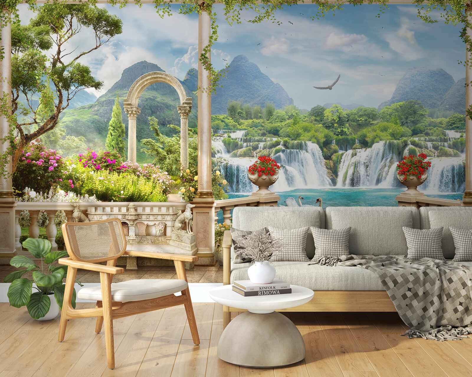 Fototapet panorama balconului arată o cascadă și lebede grațioase care înoată