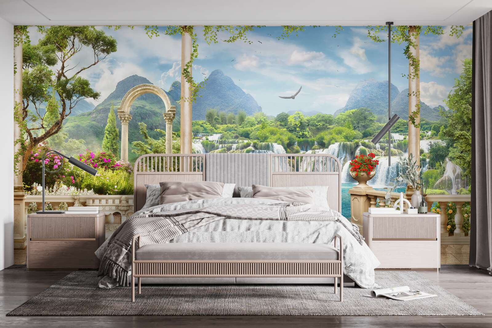 Fototapet panorama balconului arată o cascadă și lebede grațioase care înoată