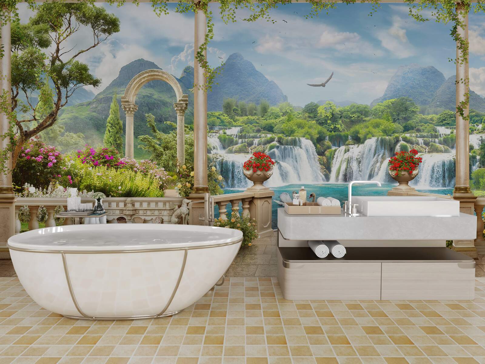 Fototapet panorama balconului arată o cascadă și lebede grațioase care înoată