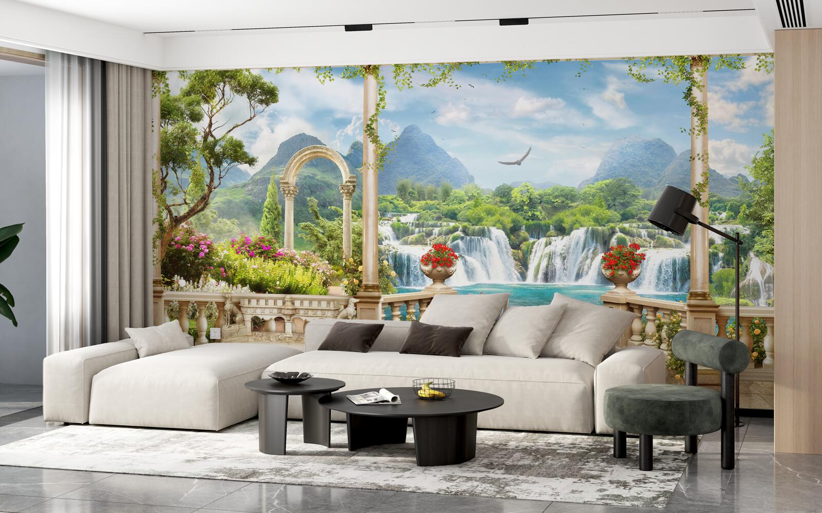 Fototapet panorama balconului arată o cascadă și lebede grațioase care înoată