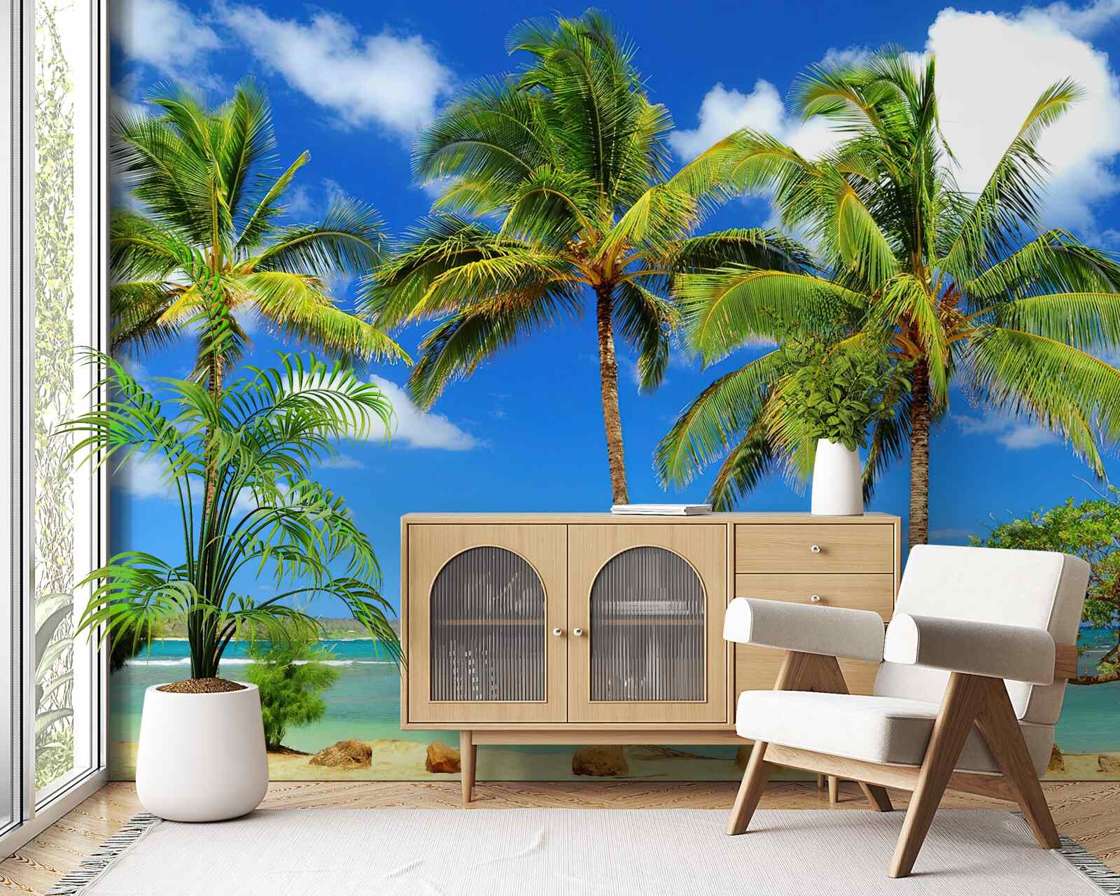 Fototapet palmieri pe o coastă nisipoasă