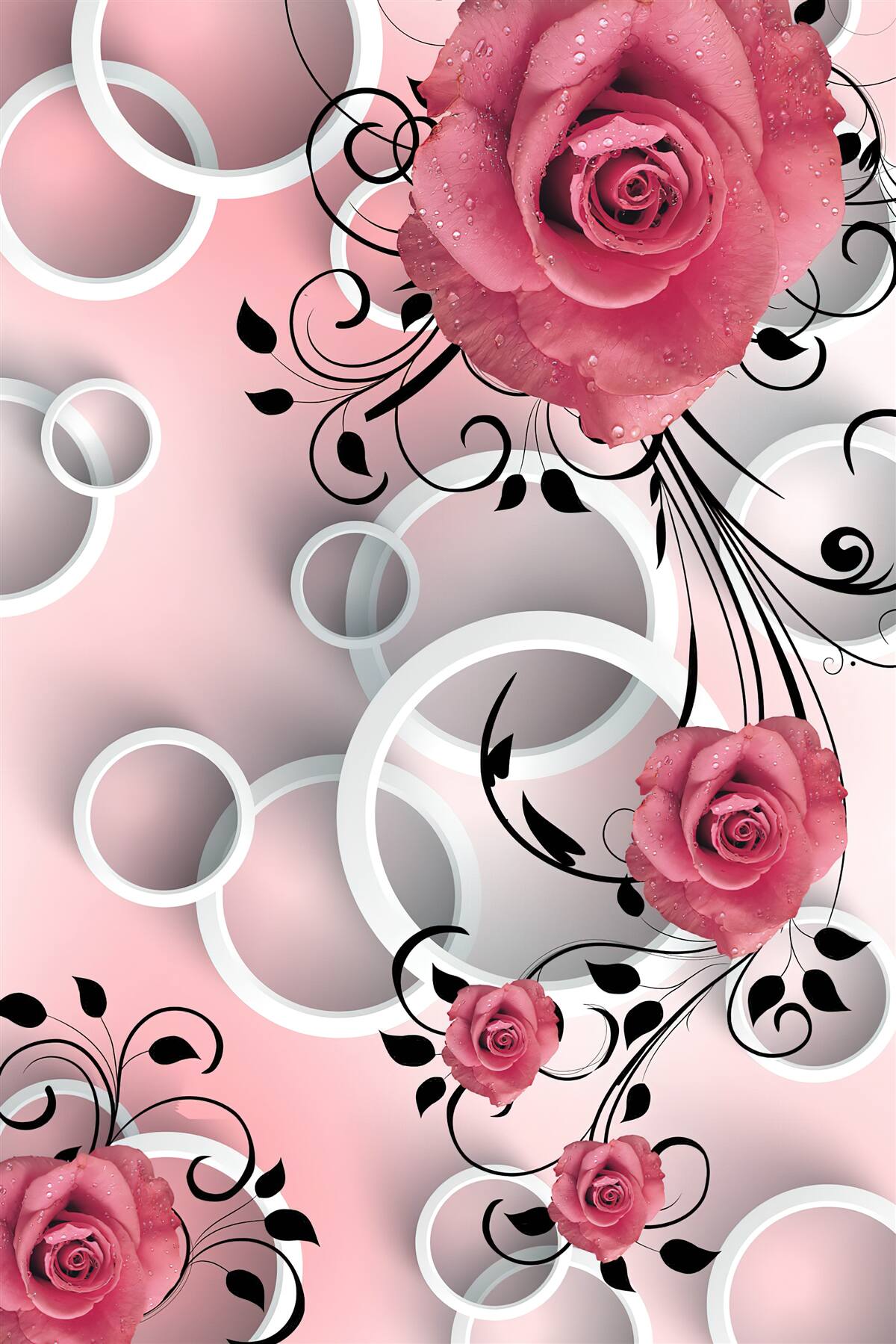 Fototapet trandafiri roz în nuanțe deschise pe un fundal de aceeași culoare cu cercuri albe