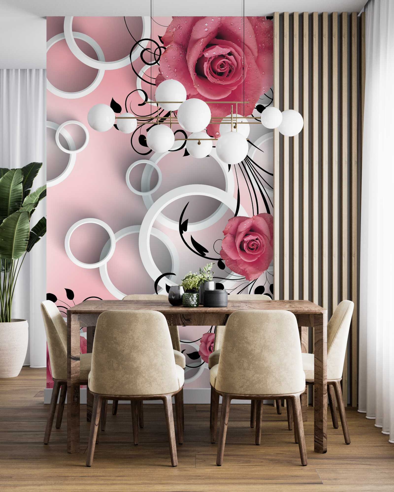 Fototapet trandafiri roz în nuanțe deschise pe un fundal de aceeași culoare cu cercuri albe