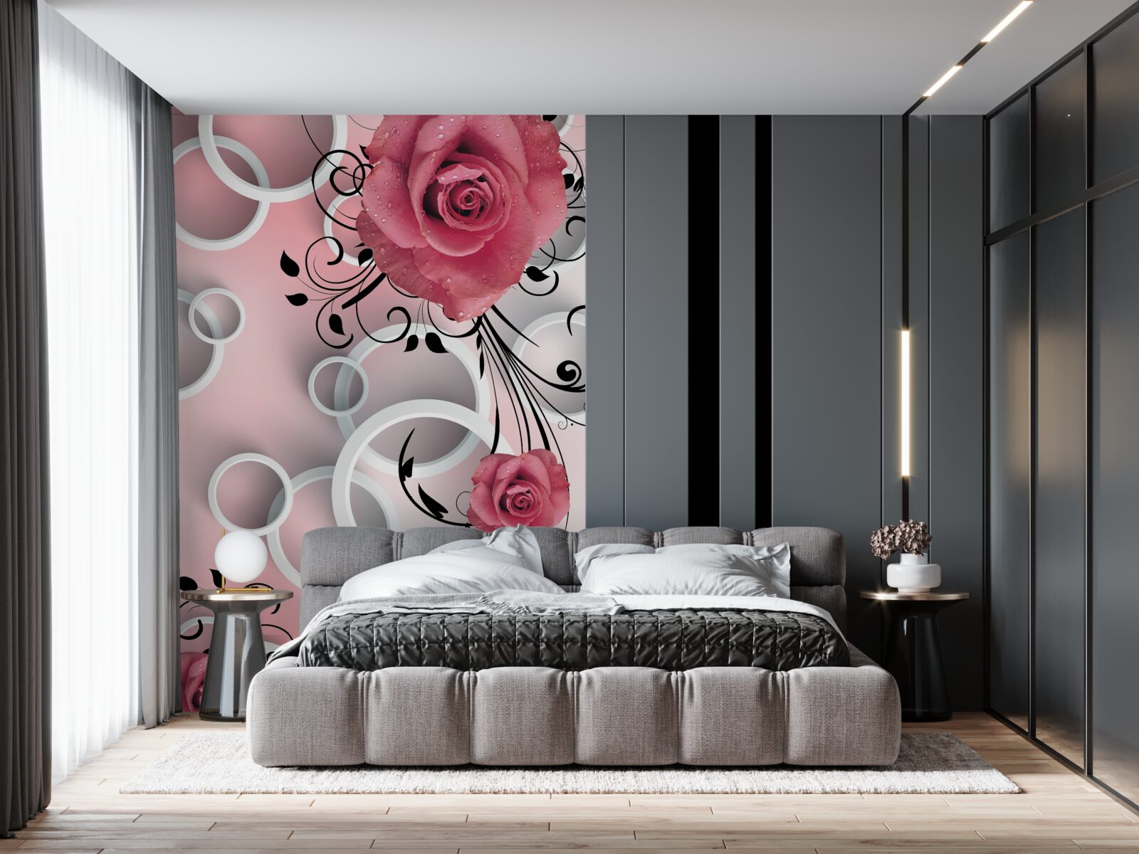 Fototapet trandafiri roz în nuanțe deschise pe un fundal de aceeași culoare cu cercuri albe