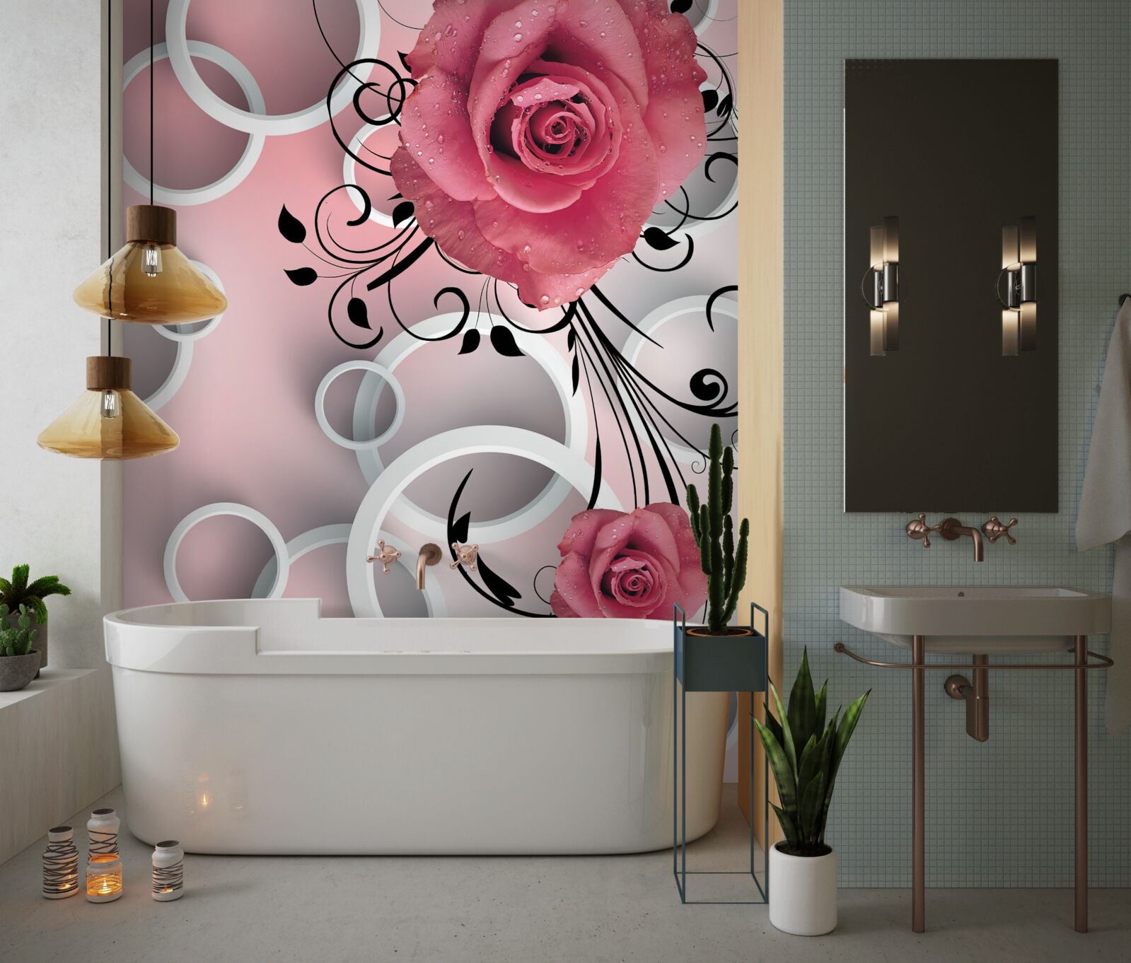 Fototapet trandafiri roz în nuanțe deschise pe un fundal de aceeași culoare cu cercuri albe