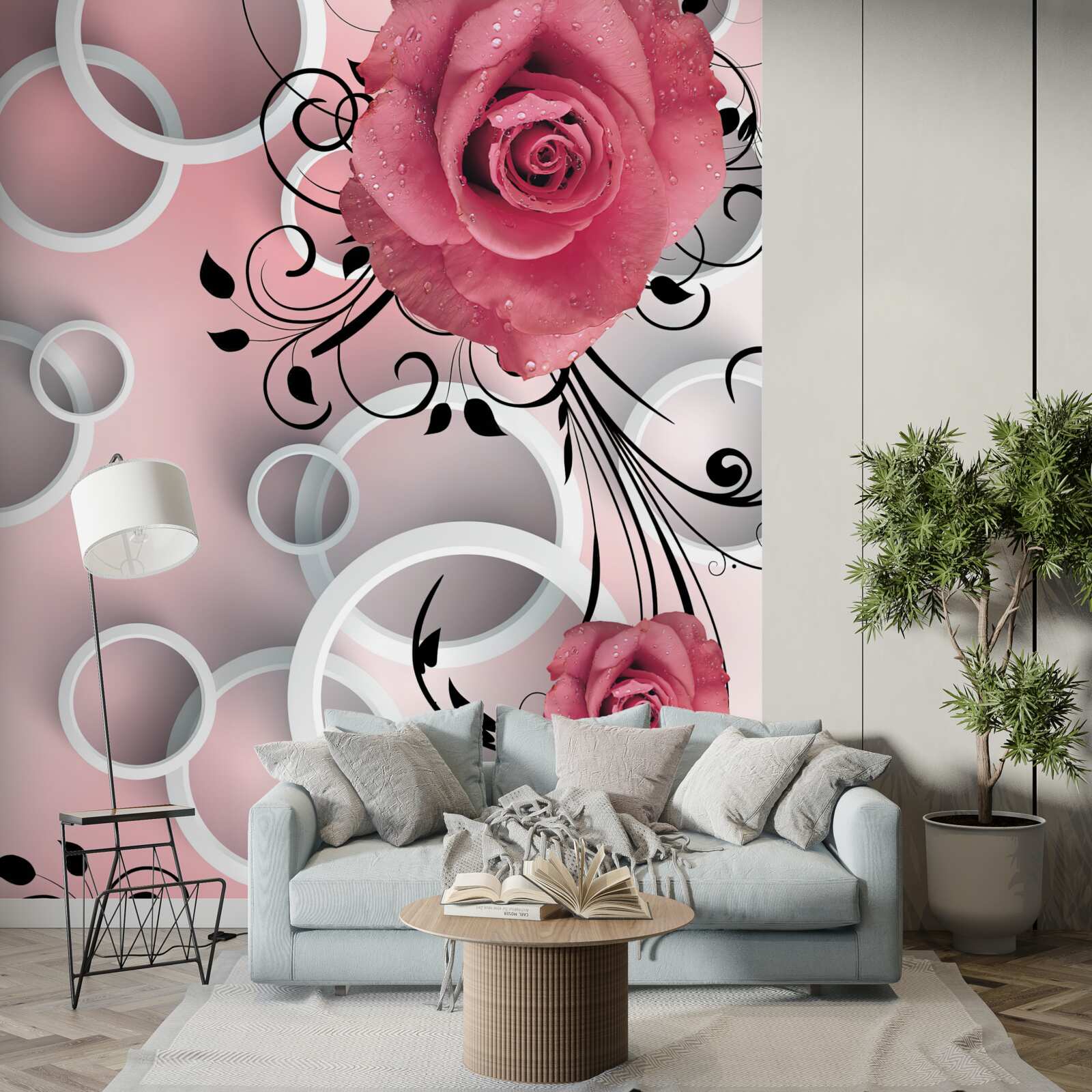 Fototapet trandafiri roz în nuanțe deschise pe un fundal de aceeași culoare cu cercuri albe