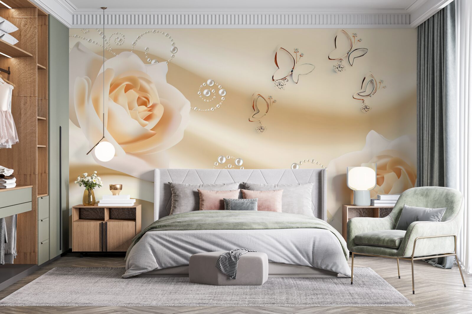 Fototapet țesătură de culoare crem și o pereche de trandafiri