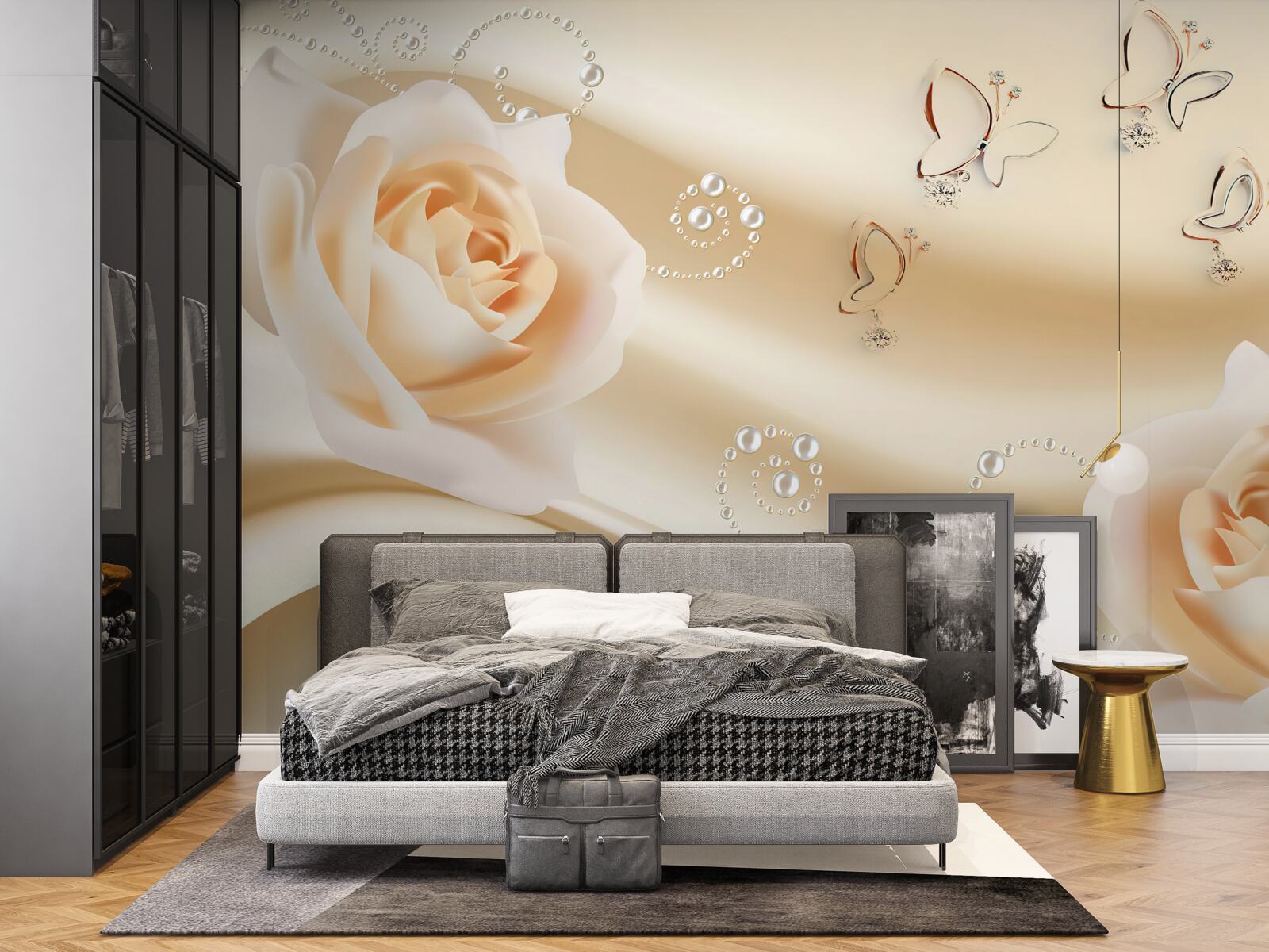 Fototapet țesătură de culoare crem și o pereche de trandafiri