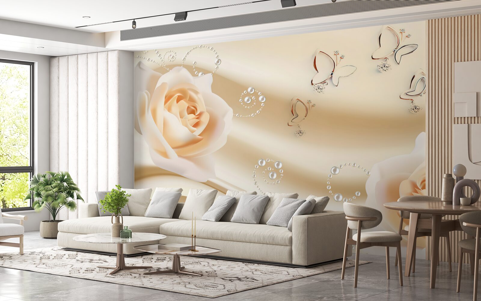 Fototapet țesătură de culoare crem și o pereche de trandafiri