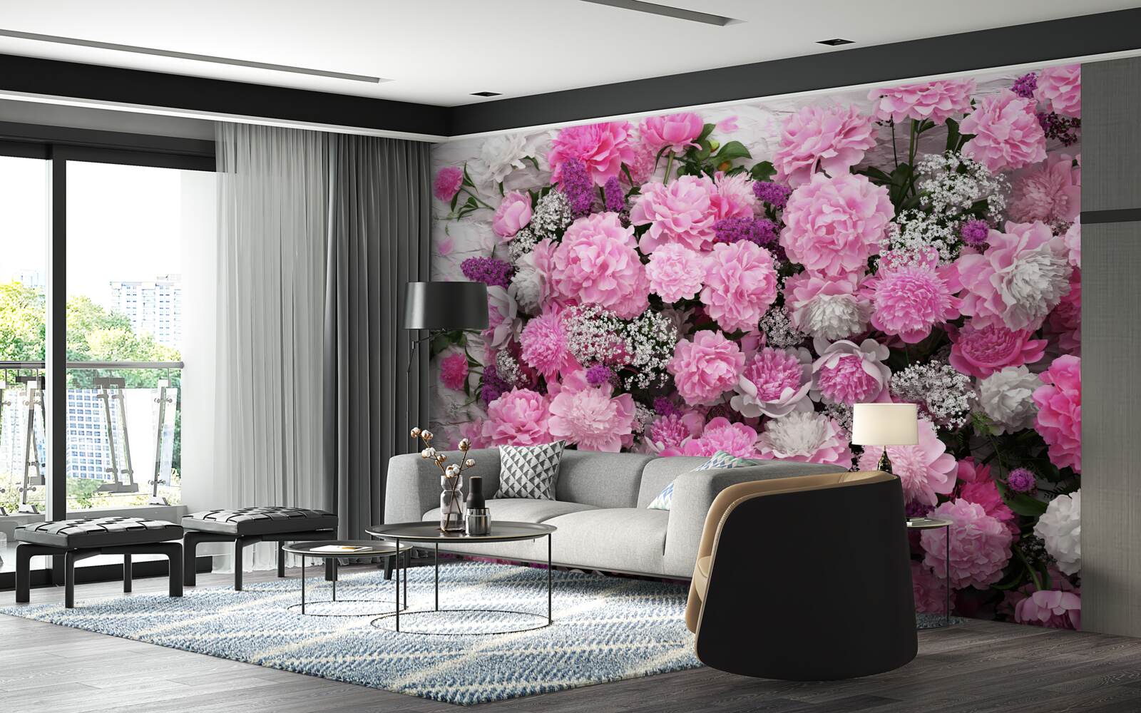 Fototapet număr mare de bujori roz