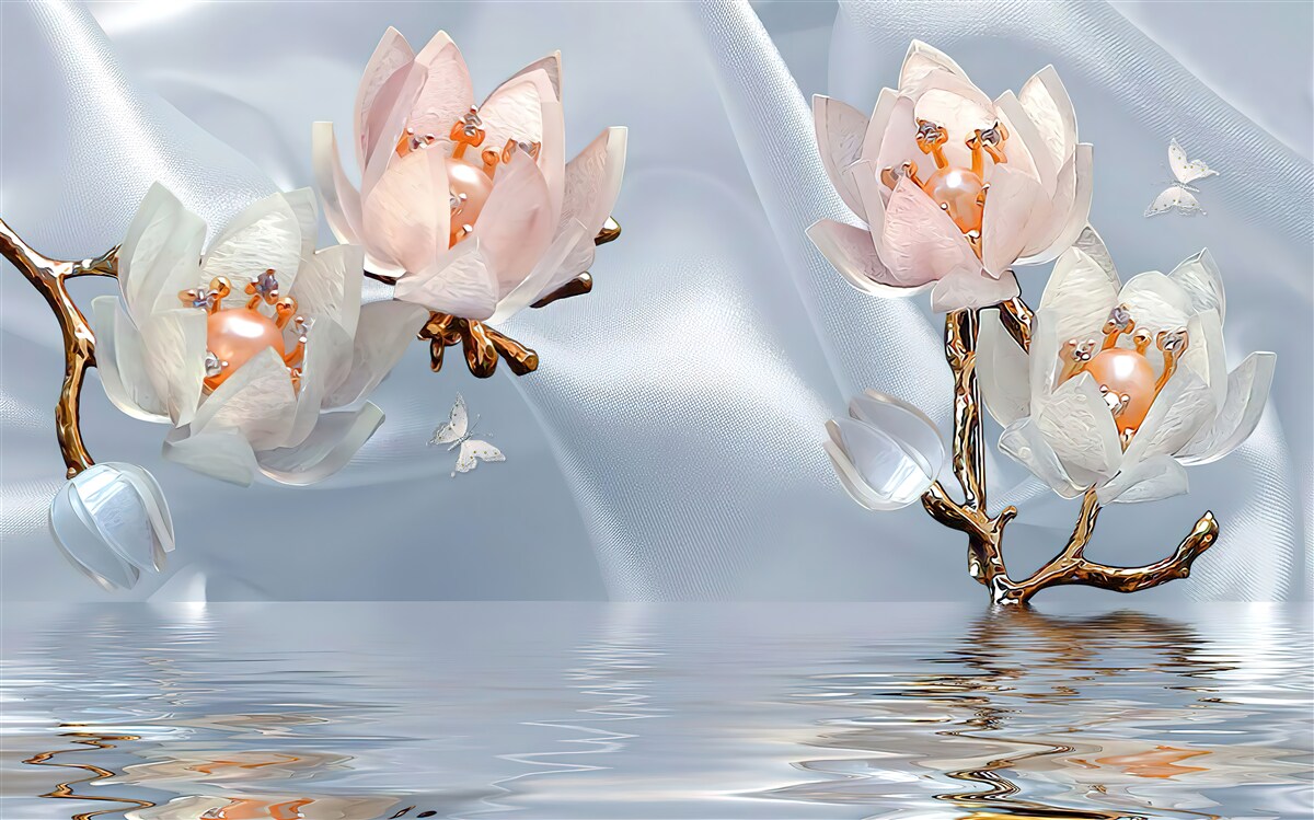 Fototapet flori albe mari au înflorit pe ramurile de deasupra apei