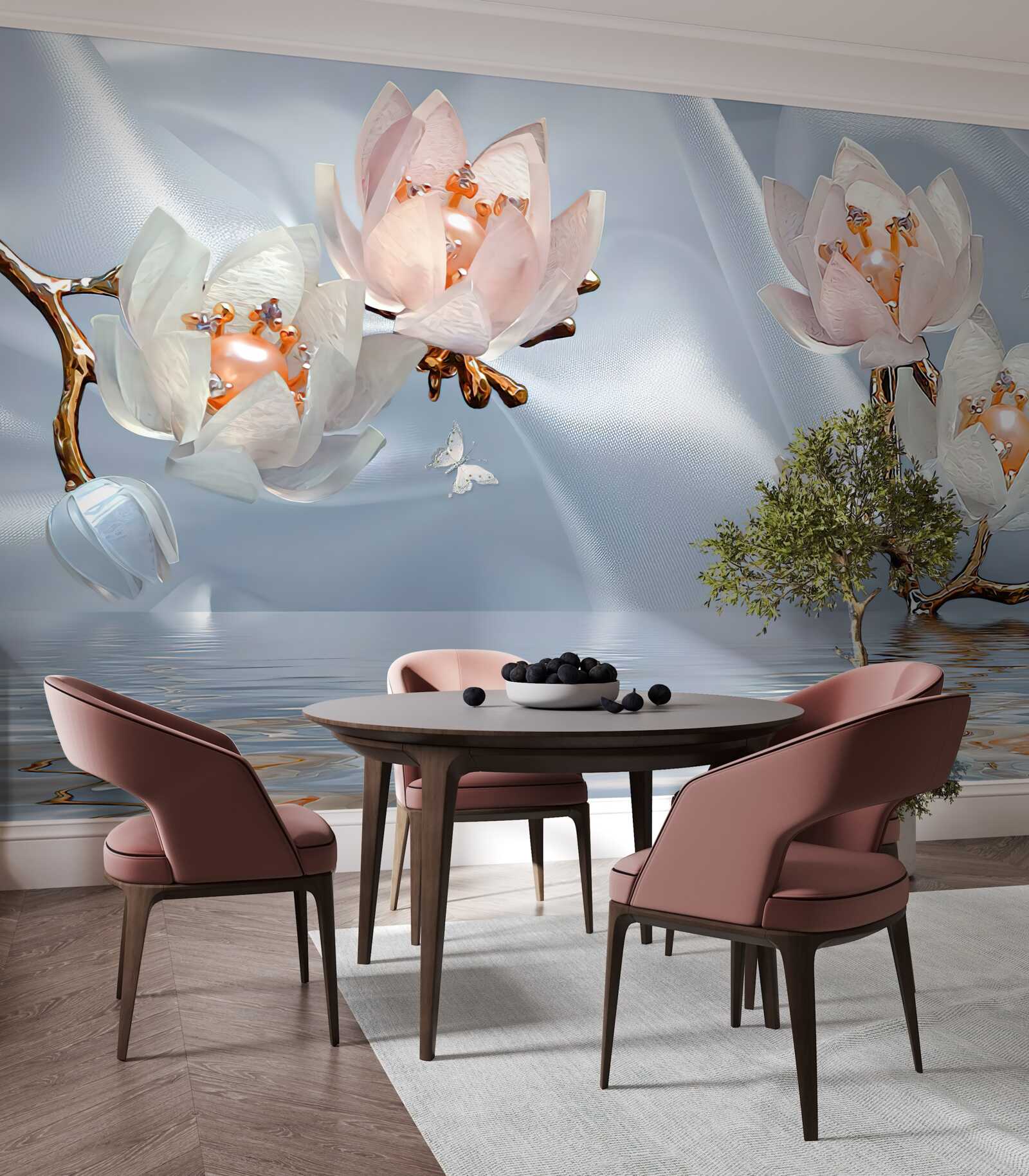 Fototapet flori albe mari au înflorit pe ramurile de deasupra apei