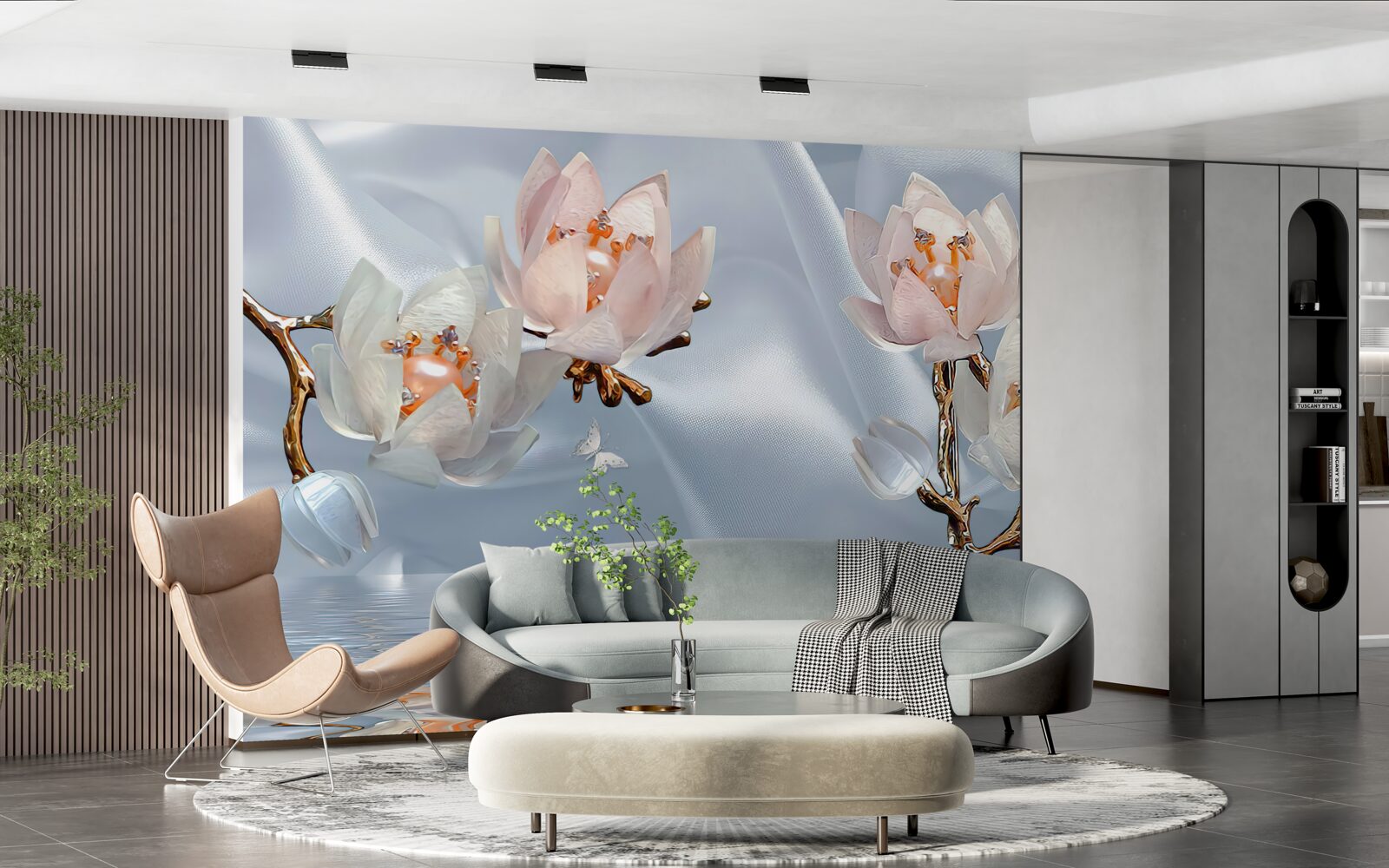 Fototapet flori albe mari au înflorit pe ramurile de deasupra apei