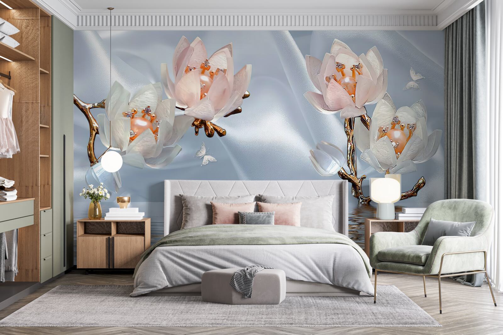 Fototapet flori albe mari au înflorit pe ramurile de deasupra apei