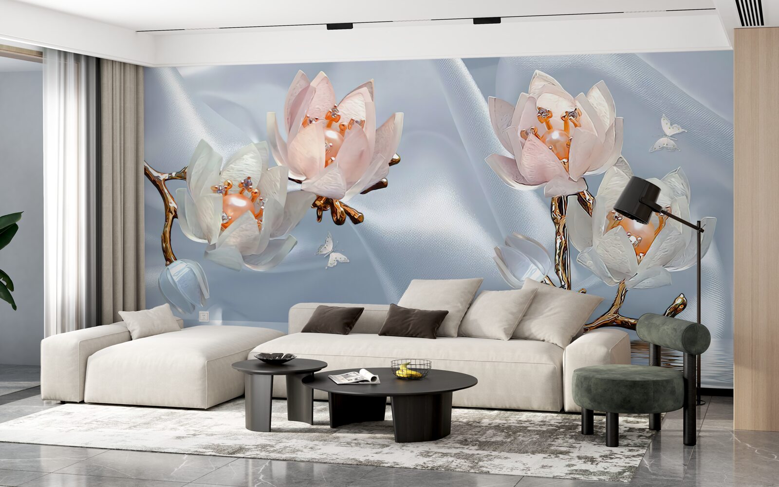 Fototapet flori albe mari au înflorit pe ramurile de deasupra apei