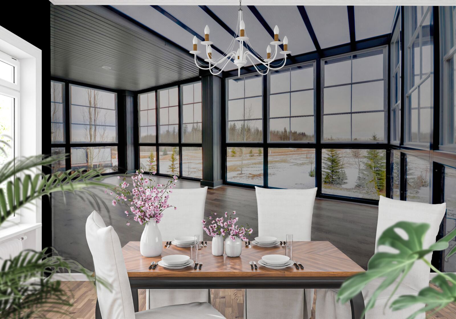 Fototapet cameră nemobilată cu ferestre din podea până în tavan