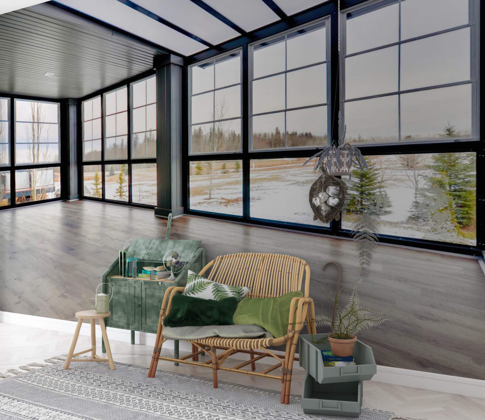 Fototapet cameră nemobilată cu ferestre din podea până în tavan