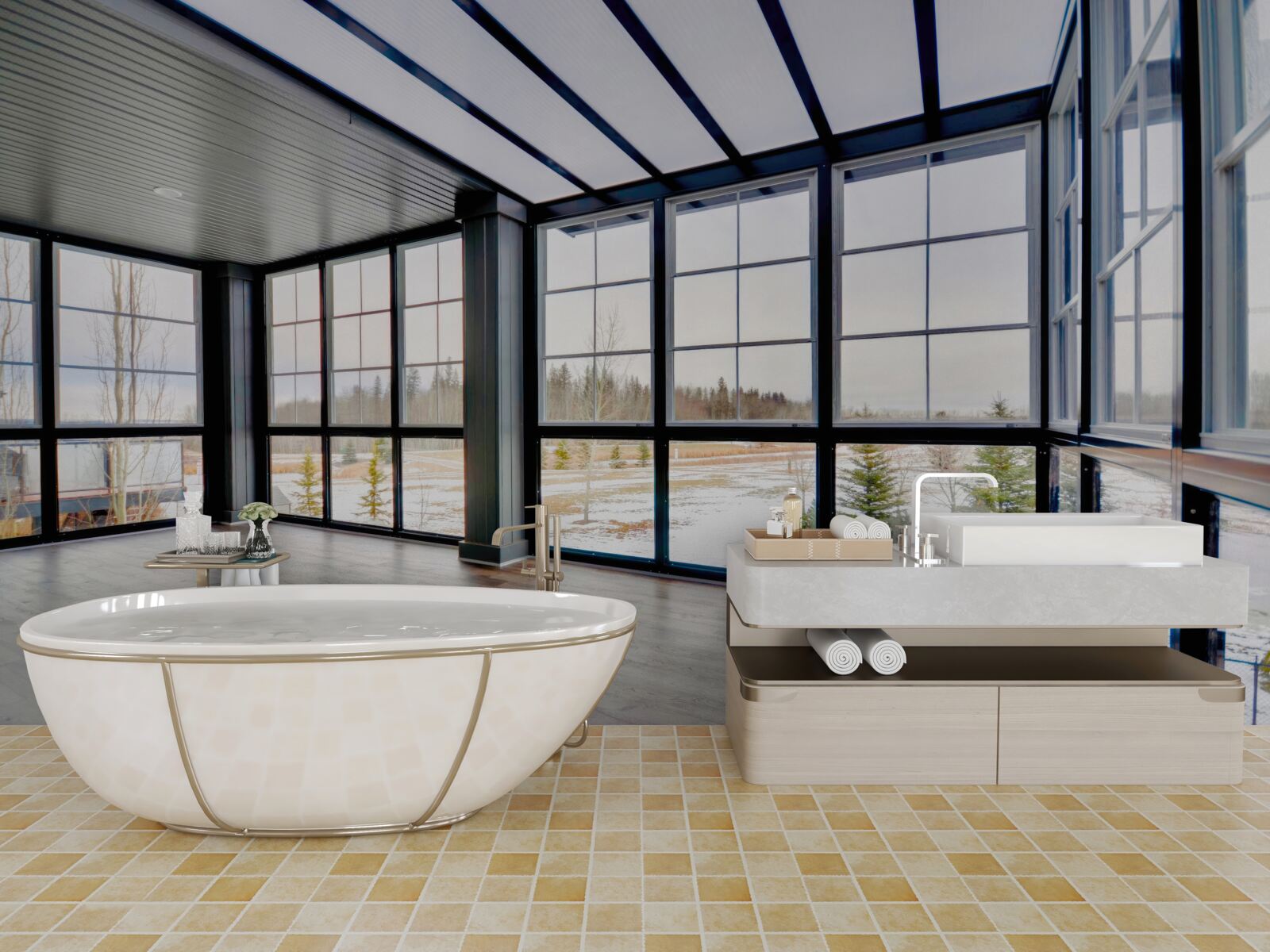 Fototapet cameră nemobilată cu ferestre din podea până în tavan