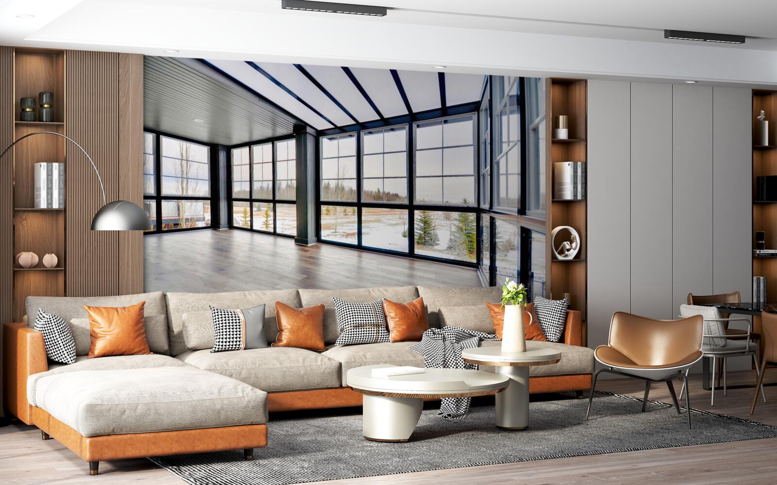 Fototapet cameră nemobilată cu ferestre din podea până în tavan