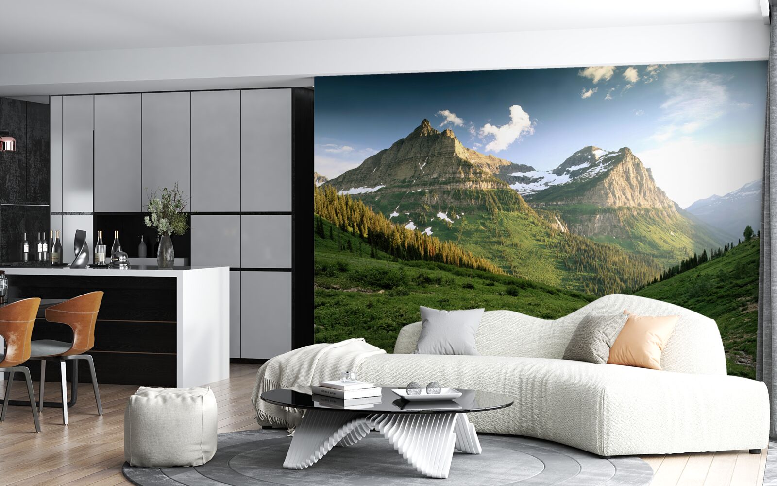 Fototapet vedere de pe peluză la munții maiestuoși