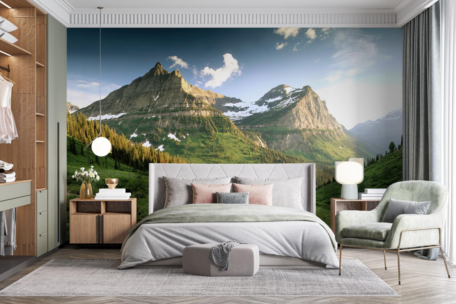 Fototapet vedere de pe peluză la munții maiestuoși