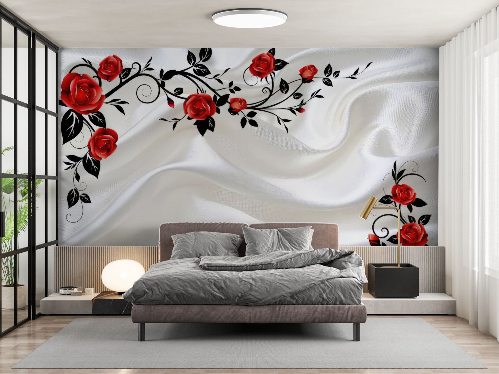 Fototapet satin alb și trandafiri cărămiziu