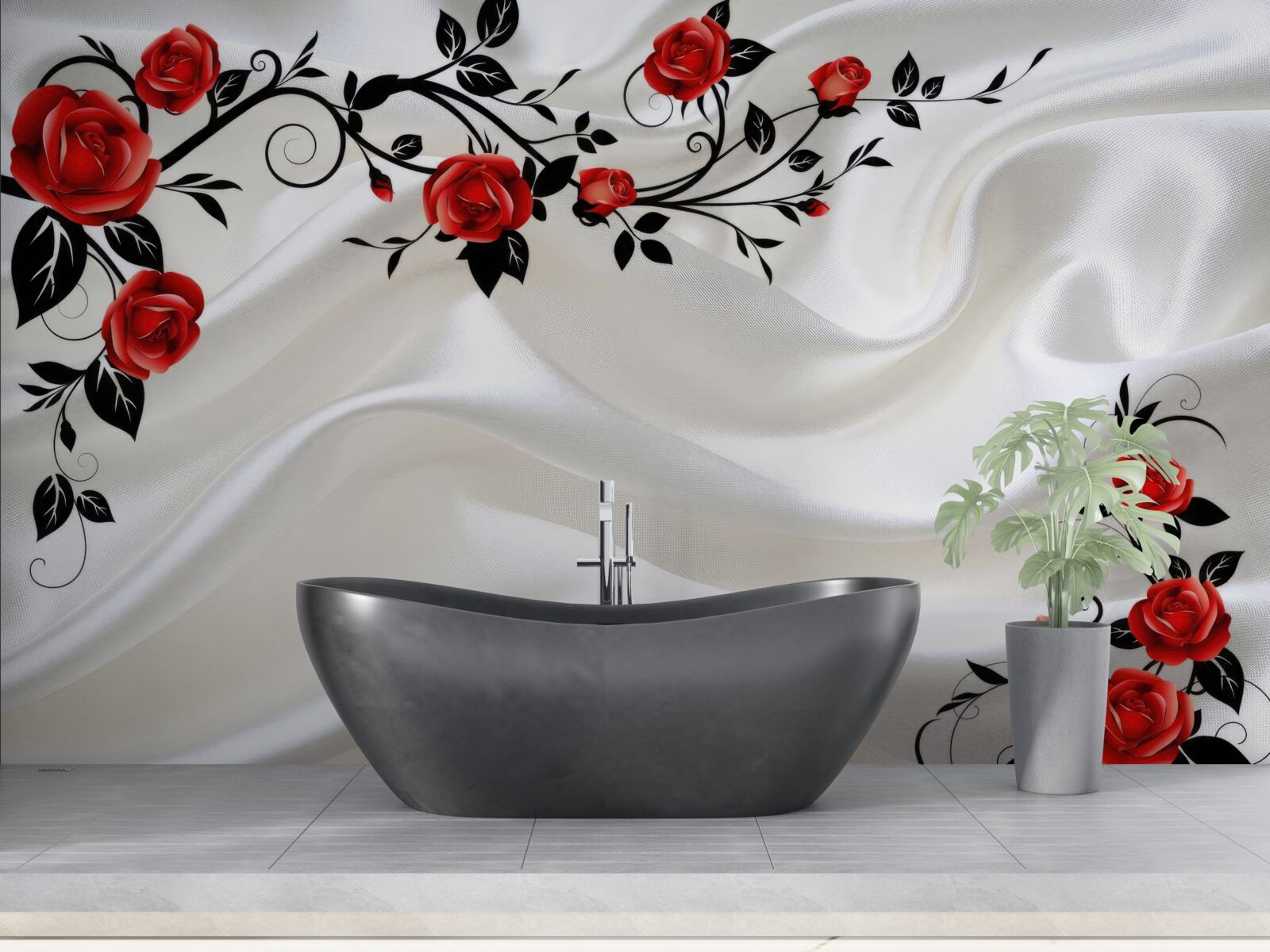 Fototapet satin alb și trandafiri cărămiziu